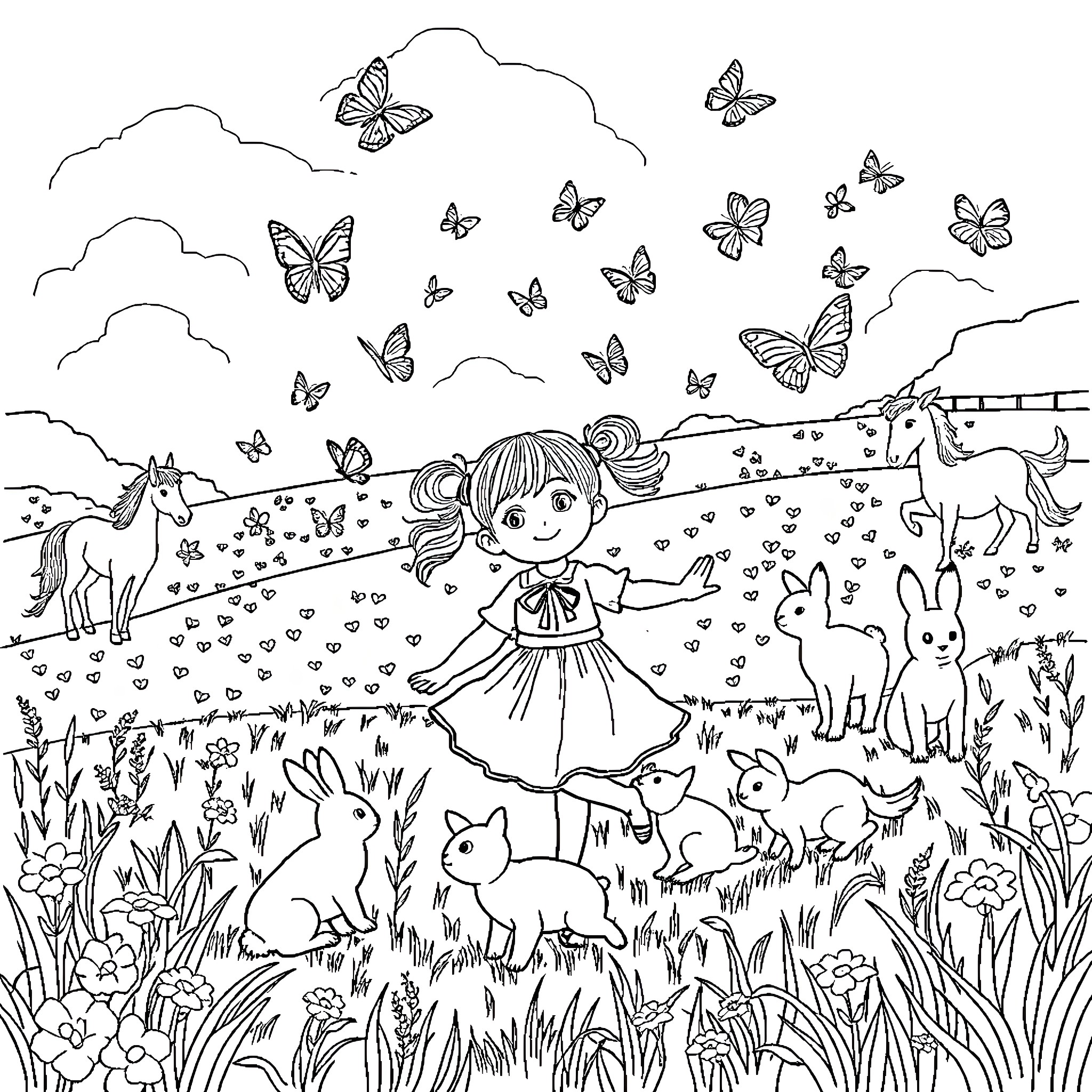 Girl surrounded by adorable animals and butterflies in a lush meadow Coloring Page (free black-and-white line drawing printable PDF for all, from beginners to advanced learners, including children, teens, adults, and seniors)
