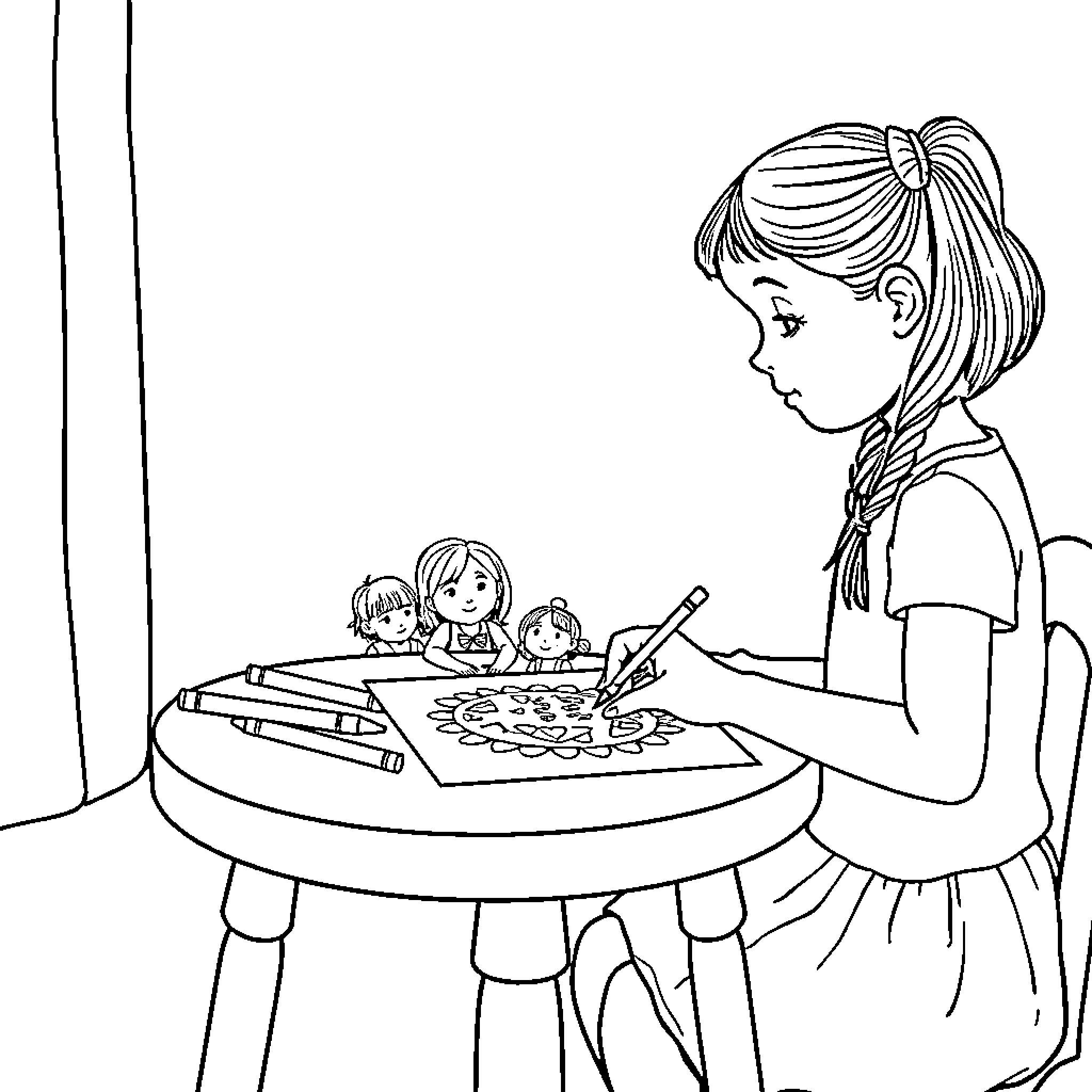 Girl Coloring with Family at the Table Coloring Page (free black-and-white line drawing printable PDF for all, from beginners to advanced learners, including children, teens, adults, and seniors)
