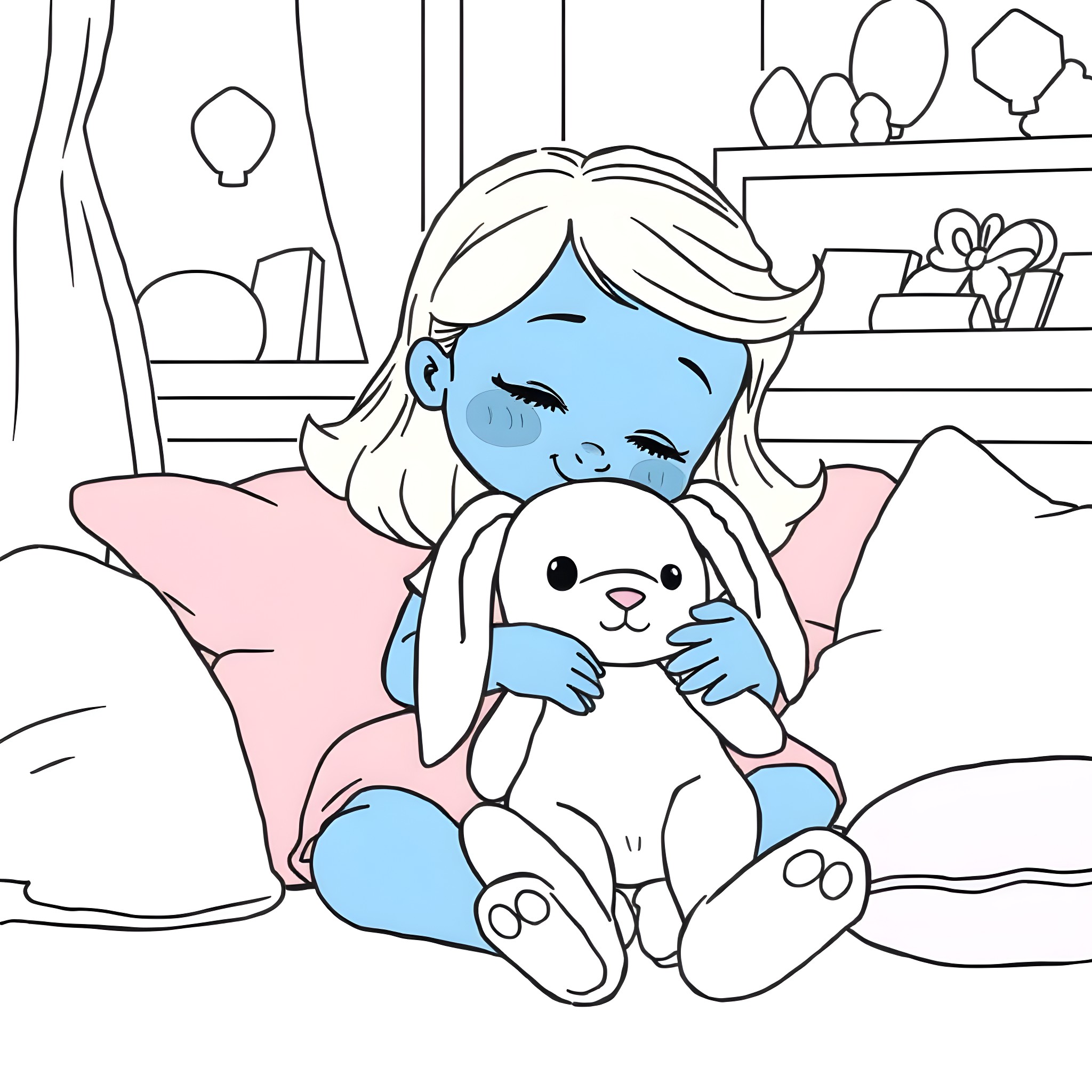 Toy girl comforting plush rabbit on bed Coloring Page (free black-and-white line drawing printable PDF for all, from beginners to advanced learners, including children, teens, adults, and seniors)
