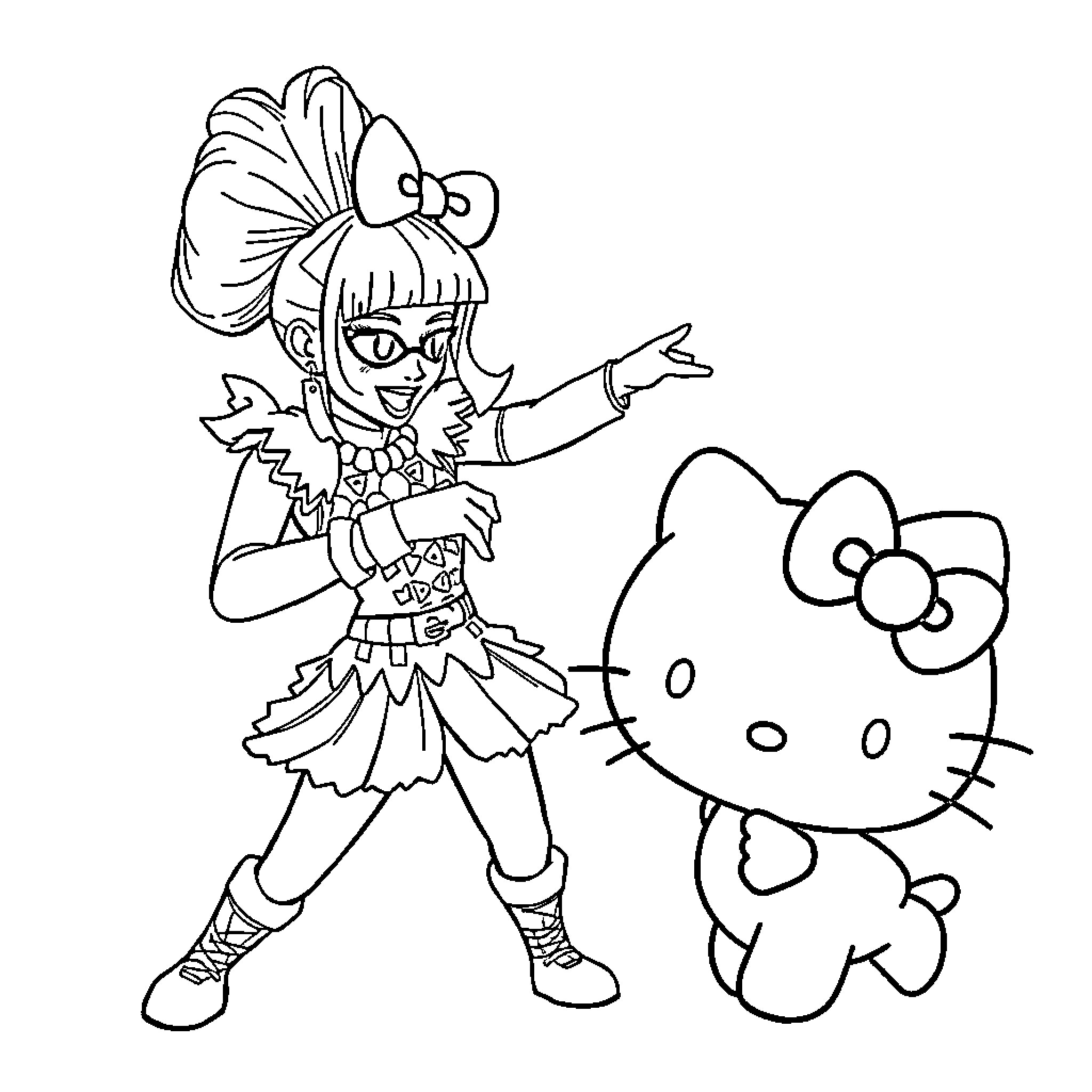 Lady Gaga's Whimsical Encounter with Hello Kitty Coloring Page (free black-and-white line drawing printable PDF for all, from beginners to advanced learners, including children, teens, adults, and seniors)