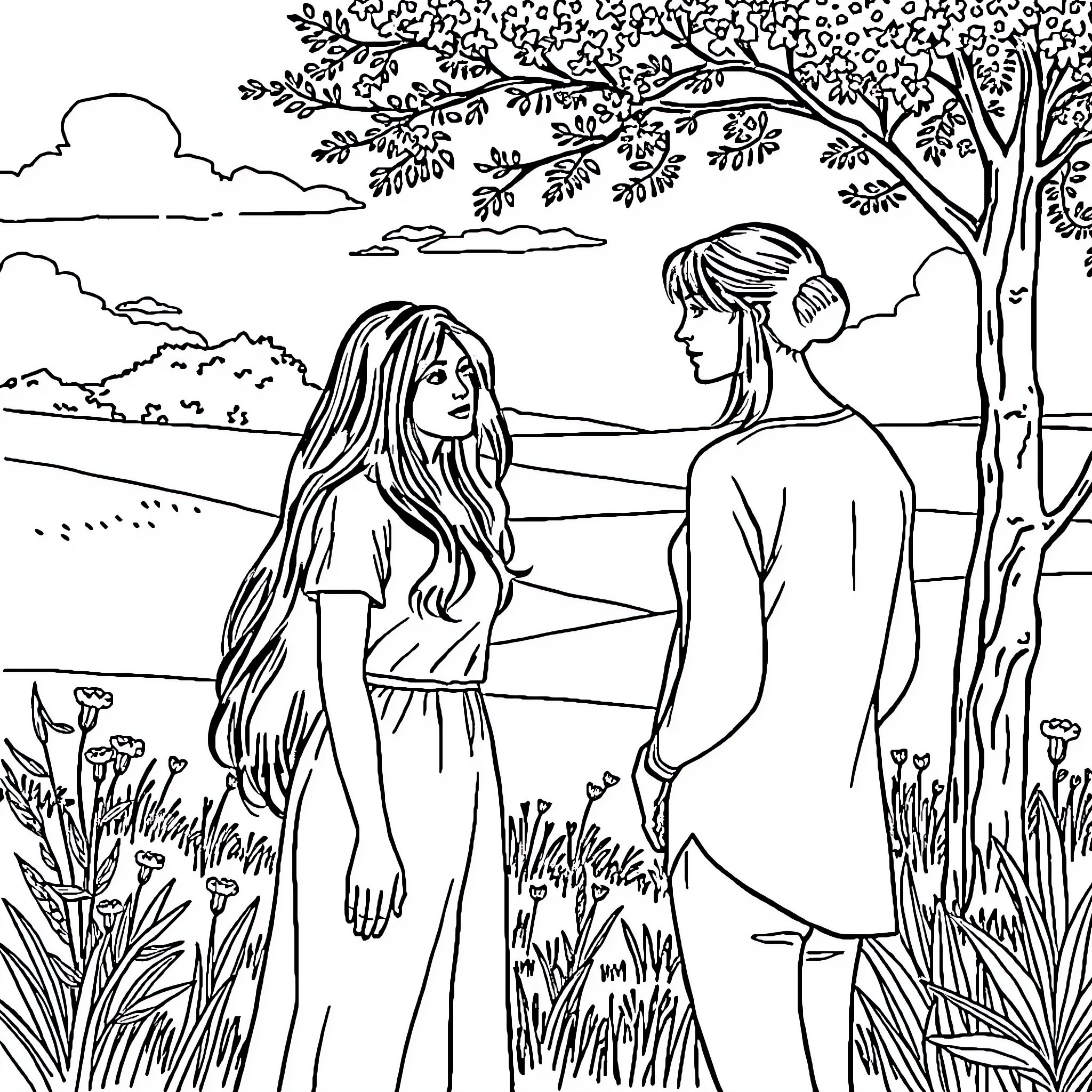 Woman admiring nature with a friend Coloring Page (free black-and-white line drawing printable PDF for all, from beginners to advanced learners, including children, teens, adults, and seniors)