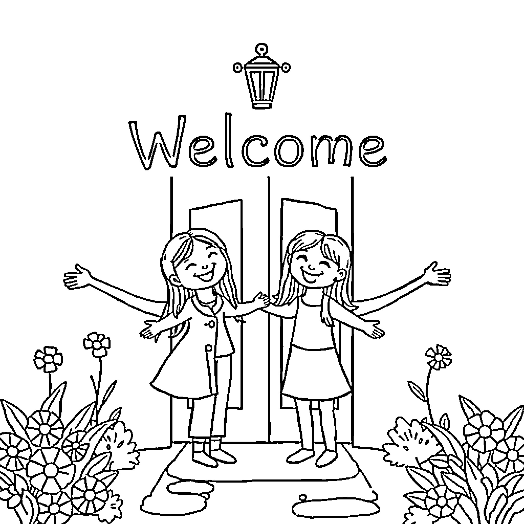 Welcome Smiling Girls with Flowers Coloring Page (free black-and-white line drawing printable PDF for all, from beginners to advanced learners, including children, teens, adults, and seniors)