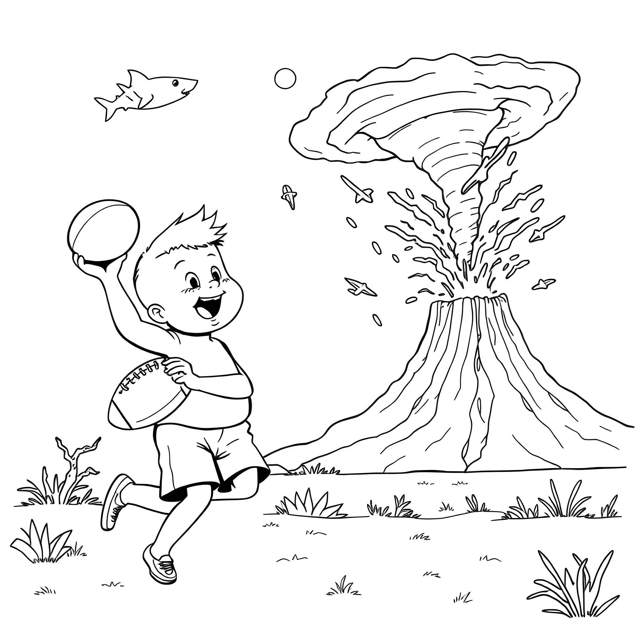 Boy playing with ball near volcano eruption Coloring Page (free black-and-white line drawing printable PDF for all, from beginners to advanced learners, including children, teens, adults, and seniors)