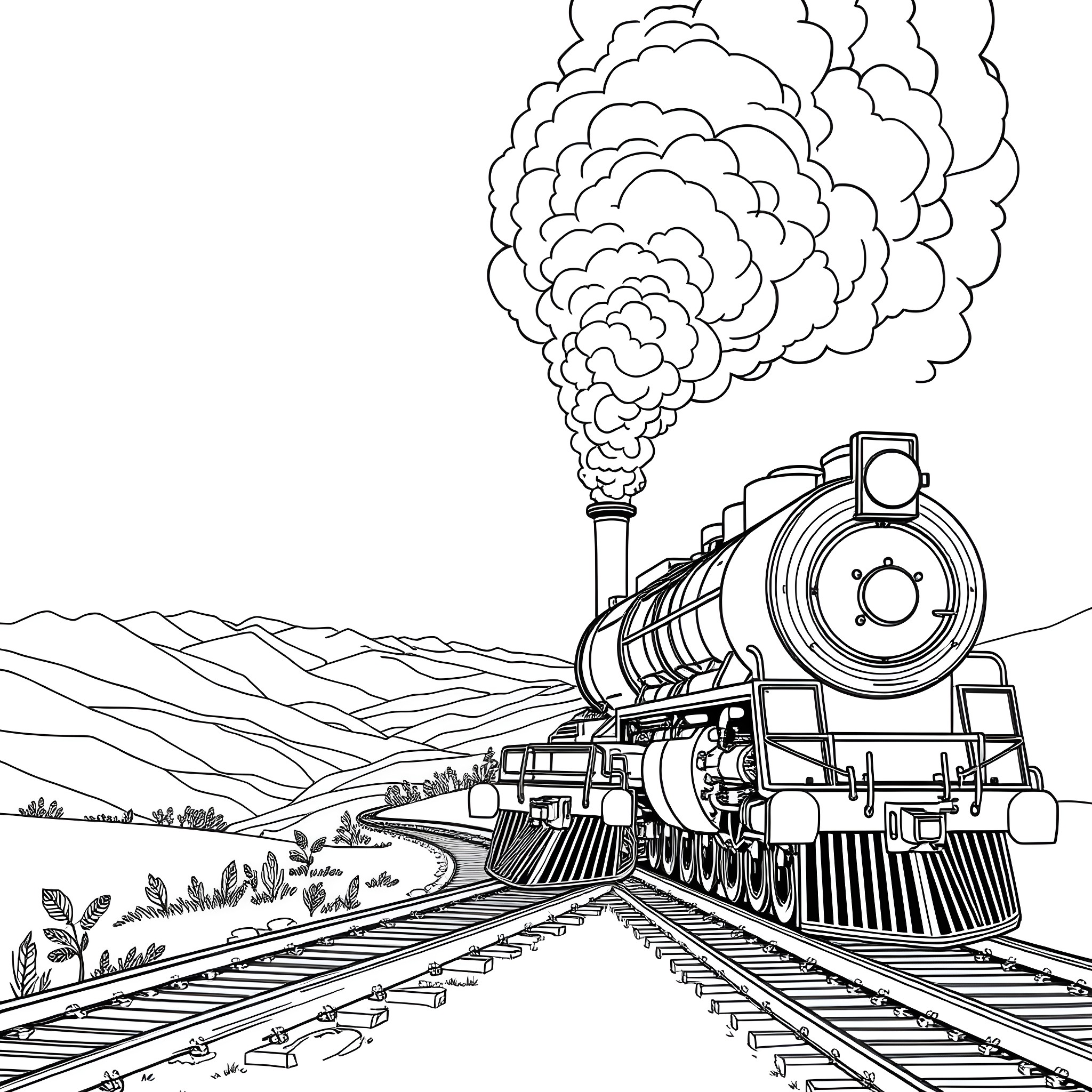 Train Chugging Across Scenic Landscape Coloring Page (free black-and-white line drawing printable PDF for all, from beginners to advanced learners, including children, teens, adults, and seniors)