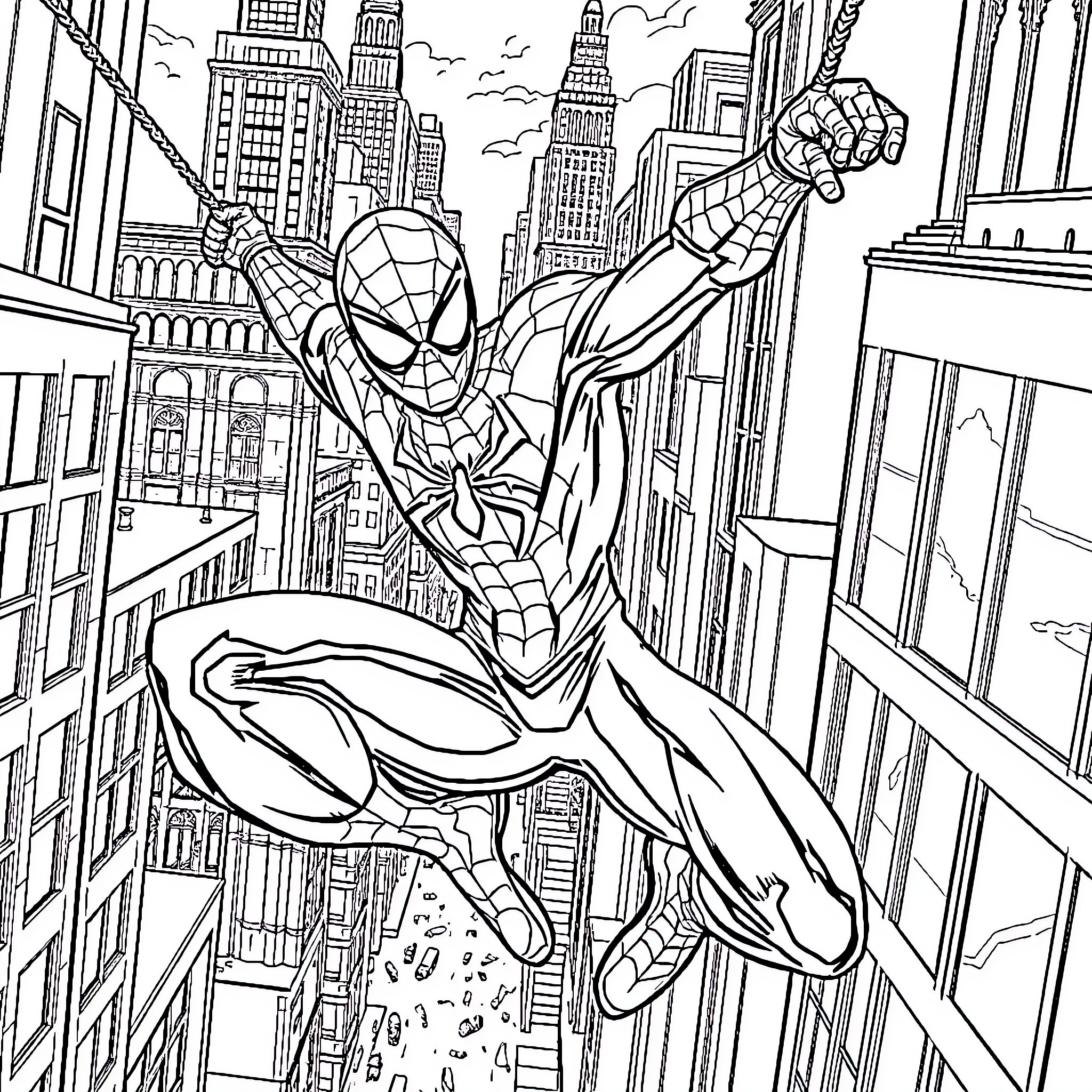 Spidey swinging high above the city skyline Coloring Page (free black-and-white line drawing printable PDF for all, from beginners to advanced learners, including children, teens, adults, and seniors)