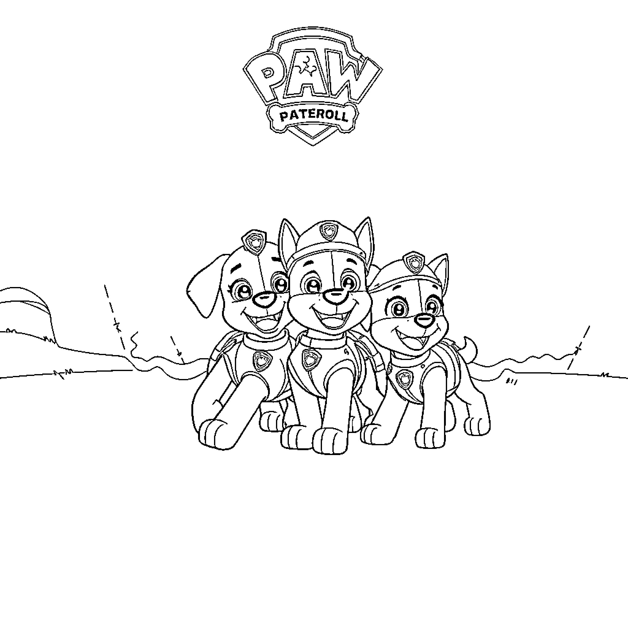 Paw Patrol friends enjoying outdoor adventure Coloring Page (free black-and-white line drawing printable PDF for all, from beginners to advanced learners, including children, teens, adults, and seniors)