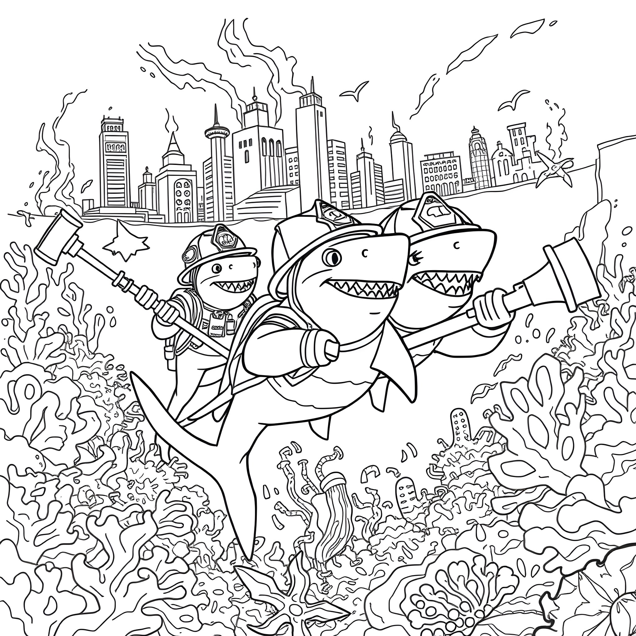 Shark Firefighters Battling Blaze in the City Coloring Page (free black-and-white line drawing printable PDF for all, from beginners to advanced learners, including children, teens, adults, and seniors)