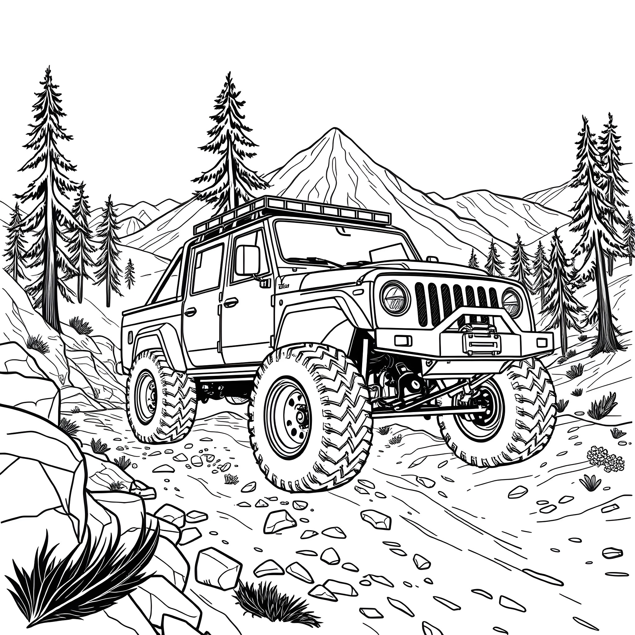 Truck Navigating Rugged Terrain in Scenic Mountain Landscape Coloring Page (free black-and-white line drawing printable PDF for all, from beginners to advanced learners, including children, teens, adults, and seniors)