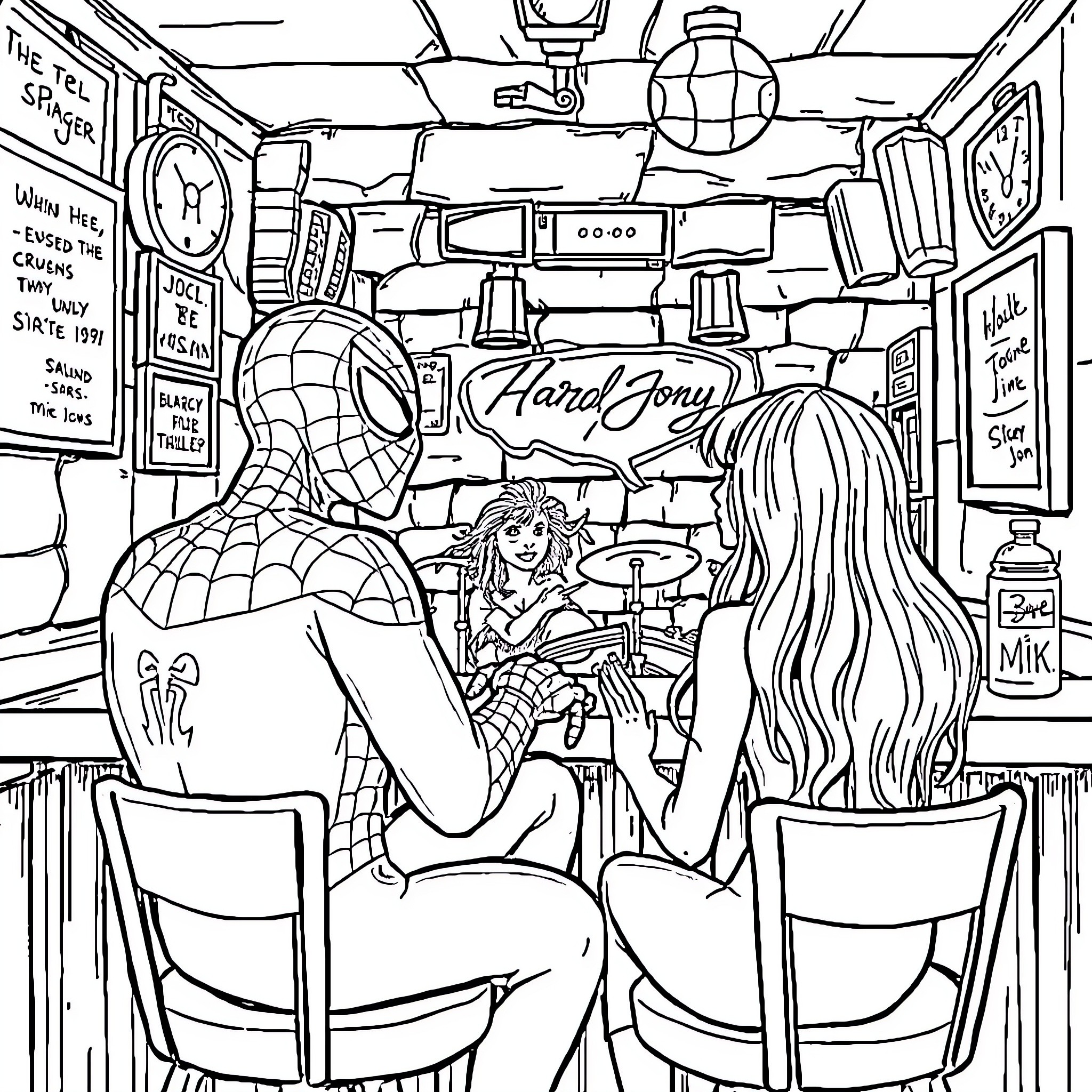 Spiderman chilling with friends in a retro diner Coloring Page (free black-and-white line drawing printable PDF for all, from beginners to advanced learners, including children, teens, adults, and seniors)