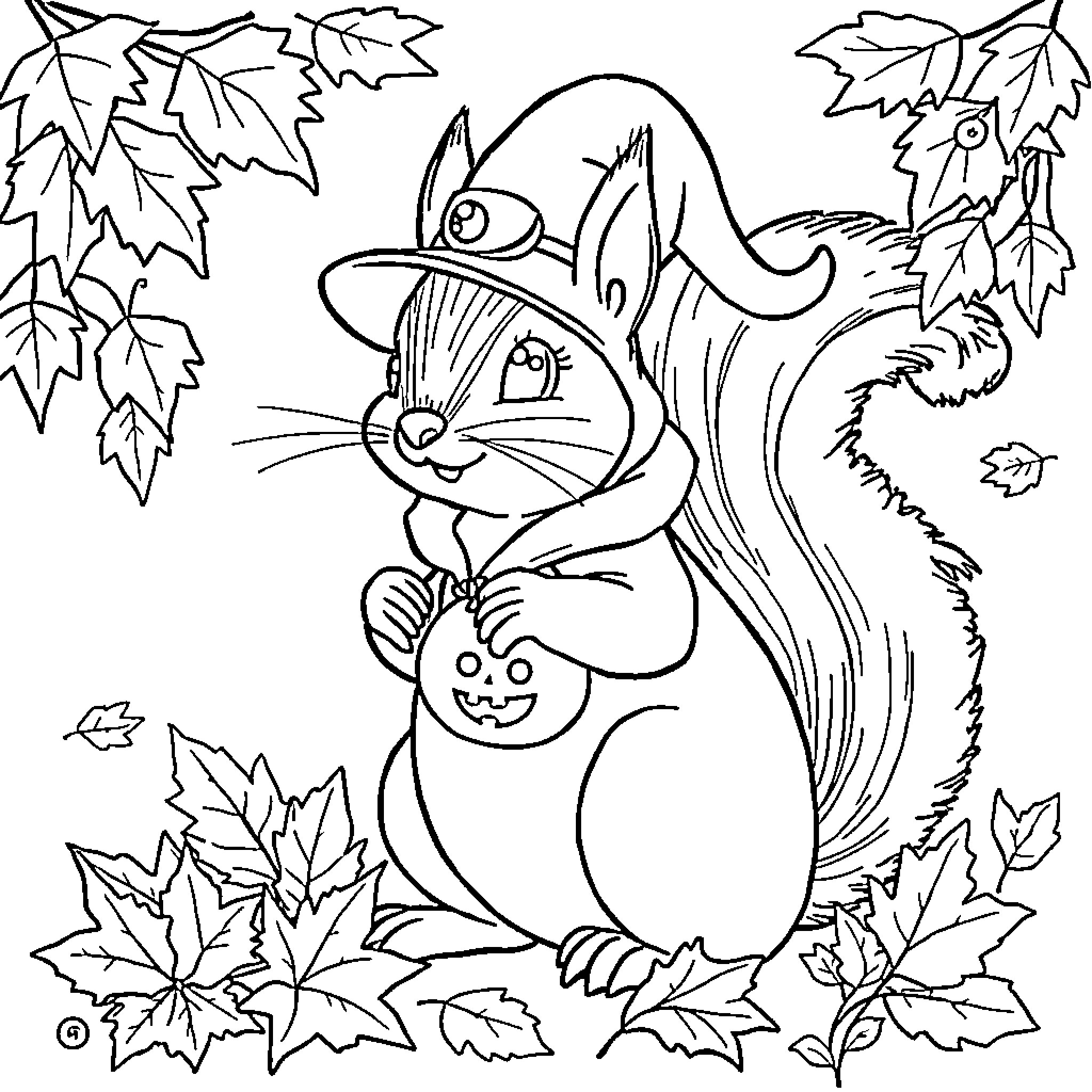 Squirrel wearing autumn hat with pumpkin Coloring Page (free black-and-white line drawing printable PDF for all, from beginners to advanced learners, including children, teens, adults, and seniors)