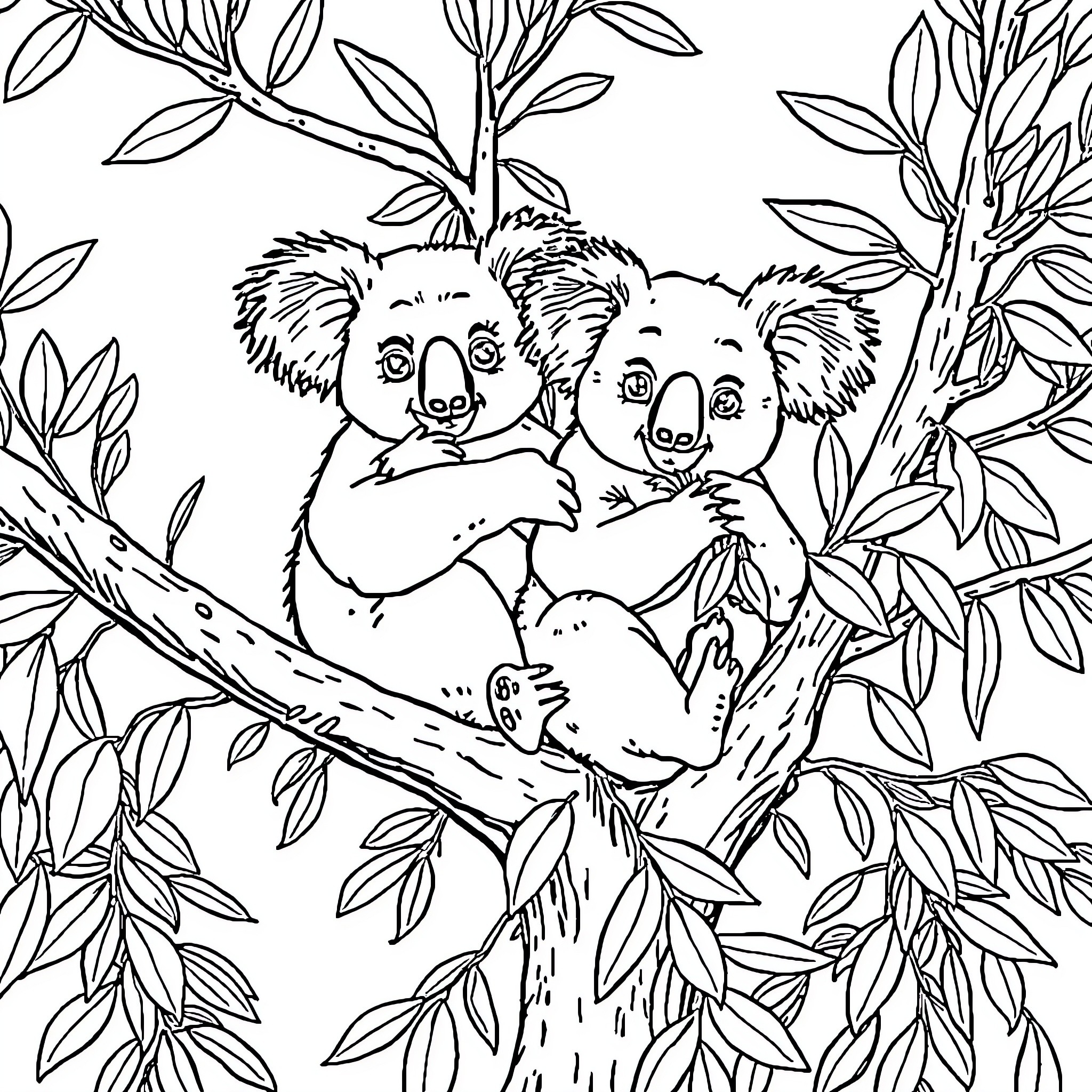 Koala friends cuddling in the forest Coloring Page (free black-and-white line drawing printable PDF for all, from beginners to advanced learners, including children, teens, adults, and seniors)