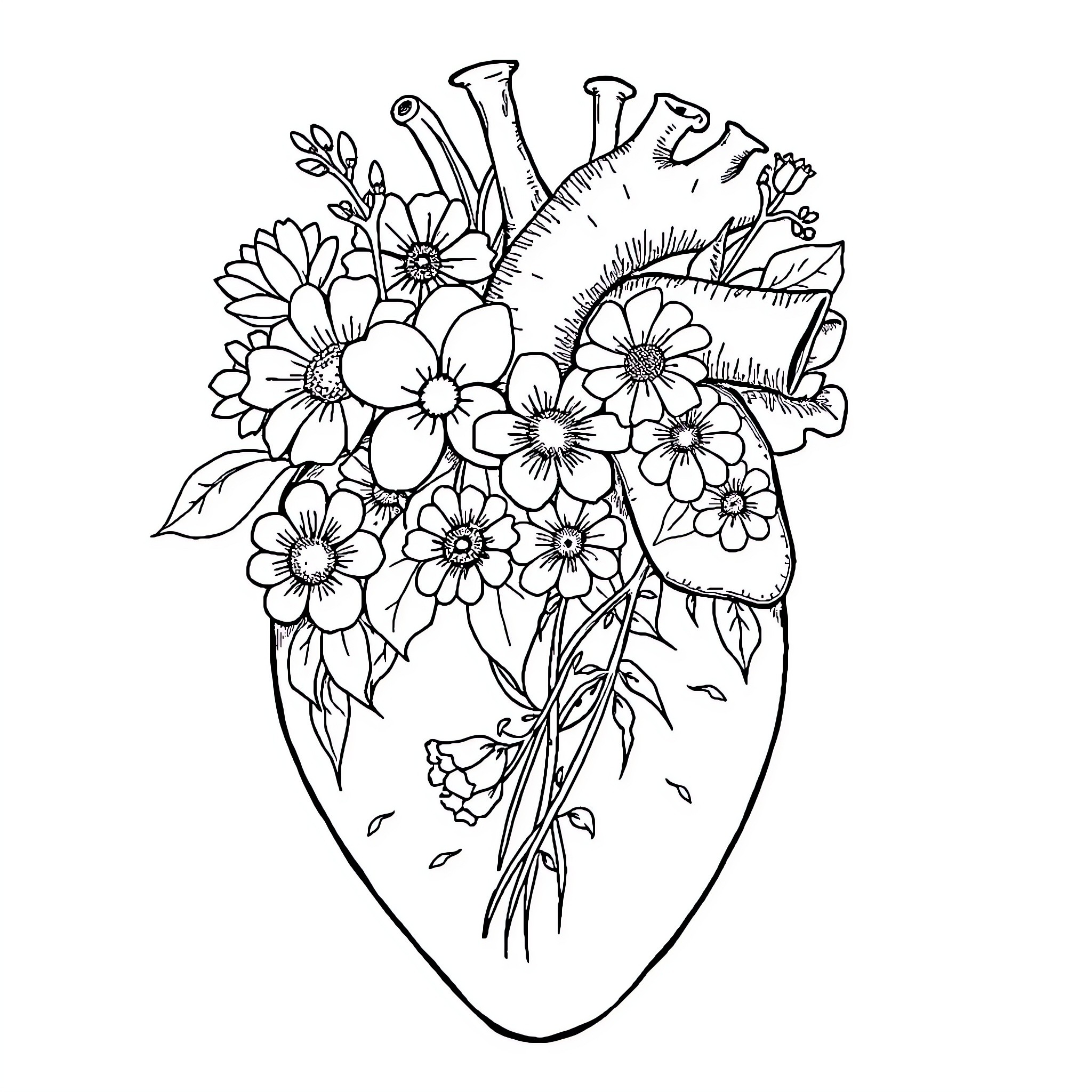 Heart Filled with Blooming Flowers Coloring Page (free black-and-white line drawing printable PDF for all, from beginners to advanced learners, including children, teens, adults, and seniors)