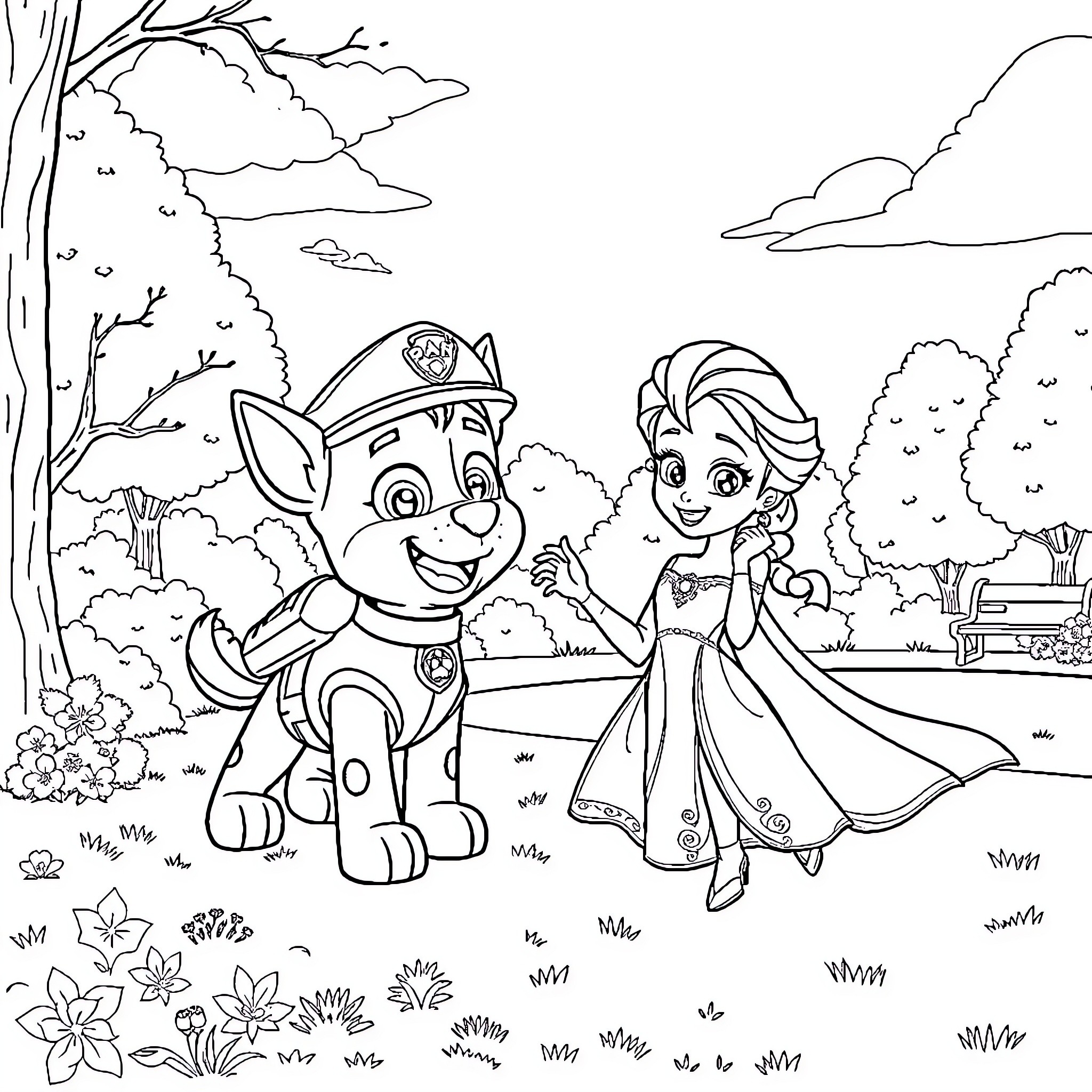 Paw Patrol characters exploring the park together Coloring Page (free black-and-white line drawing printable PDF for all, from beginners to advanced learners, including children, teens, adults, and seniors)