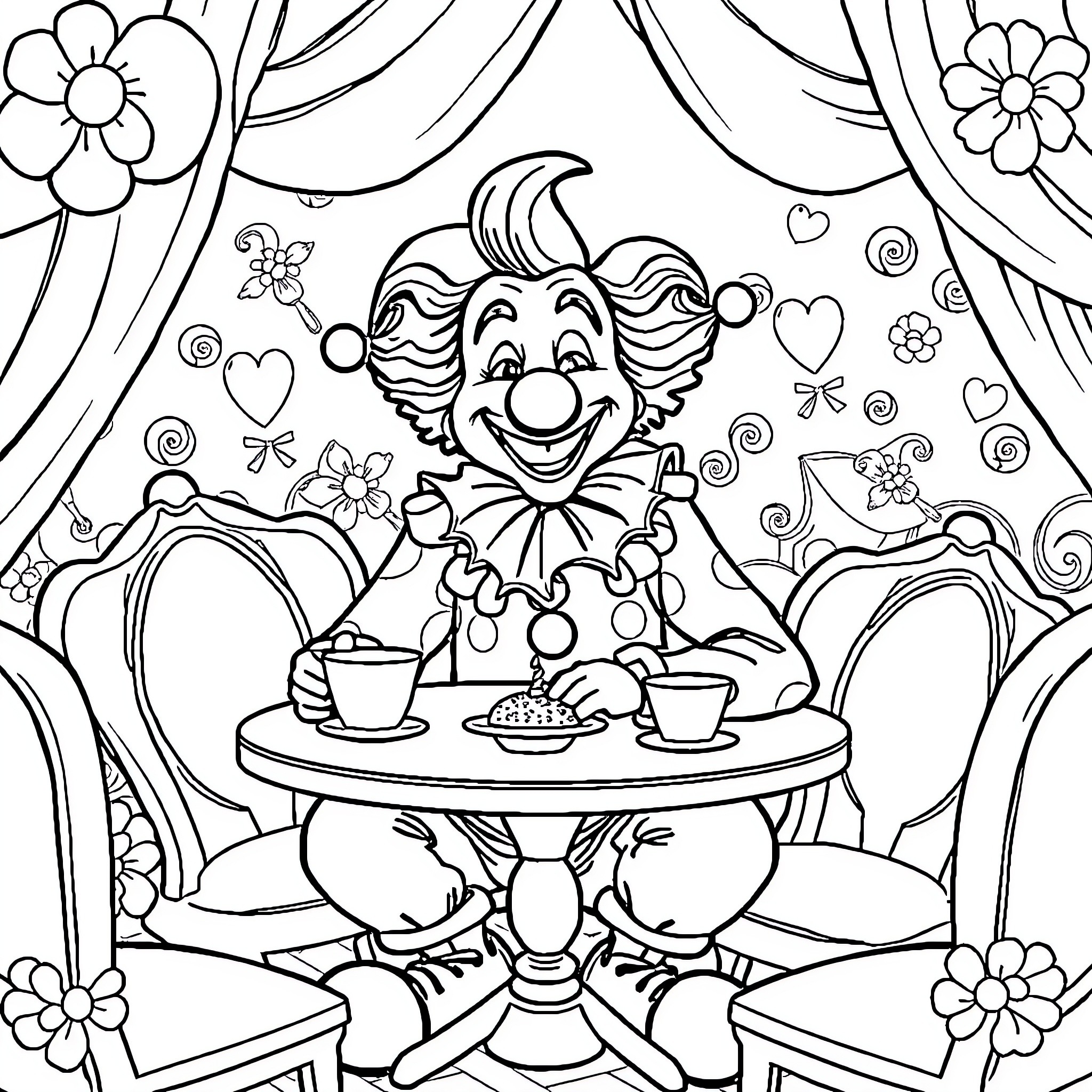 Clown enjoying a tea party with flowers Coloring Page (free black-and-white line drawing printable PDF for all, from beginners to advanced learners, including children, teens, adults, and seniors)