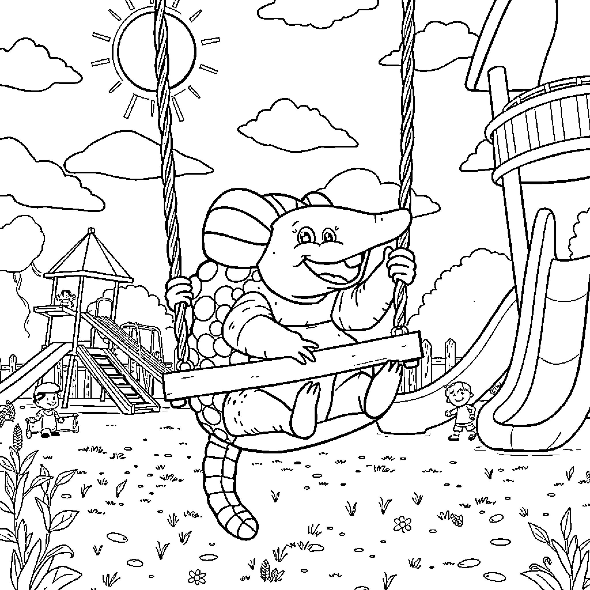 Armadillo enjoying a sunny day at the playground Coloring Page (free black-and-white line drawing printable PDF for all, from beginners to advanced learners, including children, teens, adults, and seniors)