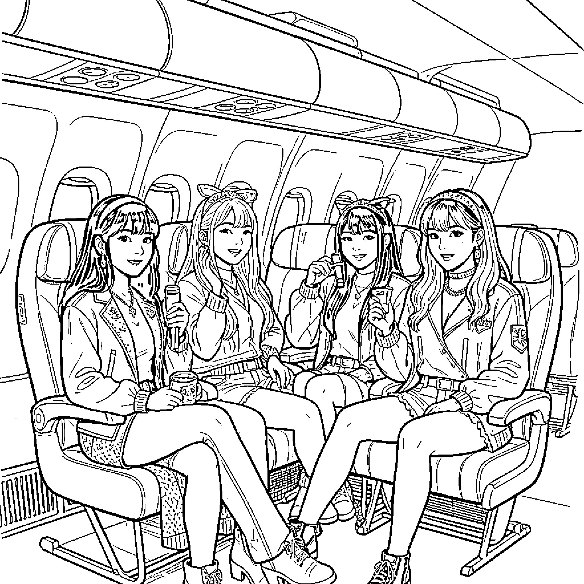 Kpop Guerreras sitting and enjoying drinks on a plane Coloring Page (free black-and-white line drawing printable PDF for all, from beginners to advanced learners, including children, teens, adults, and seniors)