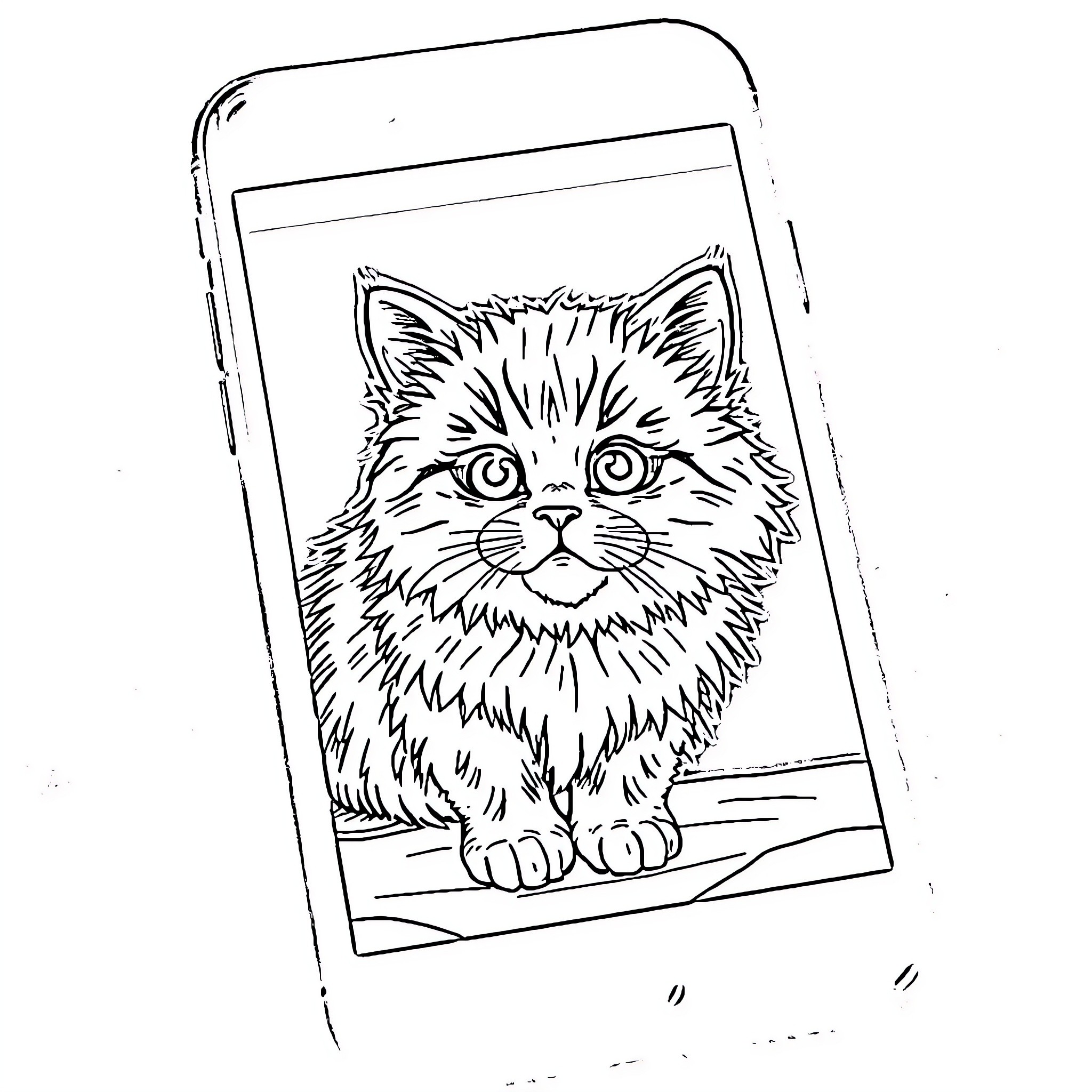 iPhone Displaying Adorable Kitten Drawing Coloring Page (free black-and-white line drawing printable PDF for all, from beginners to advanced learners, including children, teens, adults, and seniors)