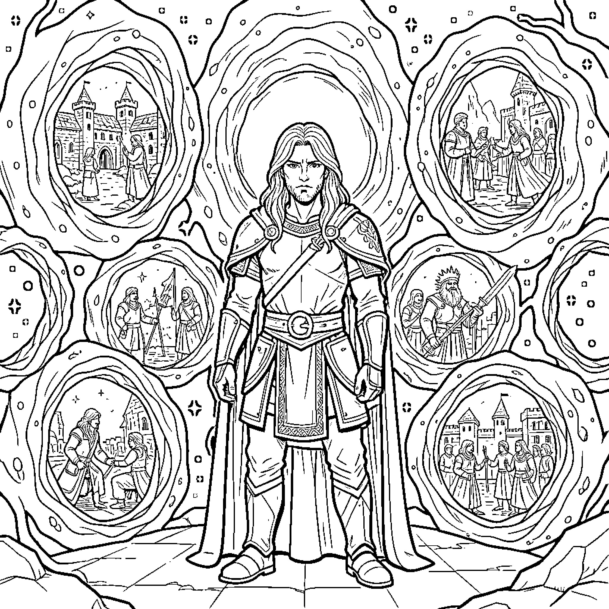 Mordred standing amidst magical swirling portals of legends Coloring Page (free black-and-white line drawing printable PDF for all, from beginners to advanced learners, including children, teens, adults, and seniors)