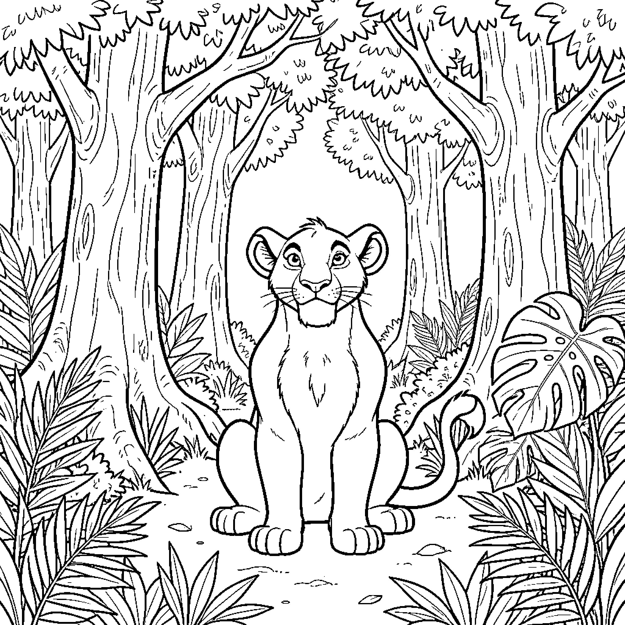 Simba in the Magical Forest Coloring Page (free black-and-white line drawing printable PDF for all, from beginners to advanced learners, including children, teens, adults, and seniors)