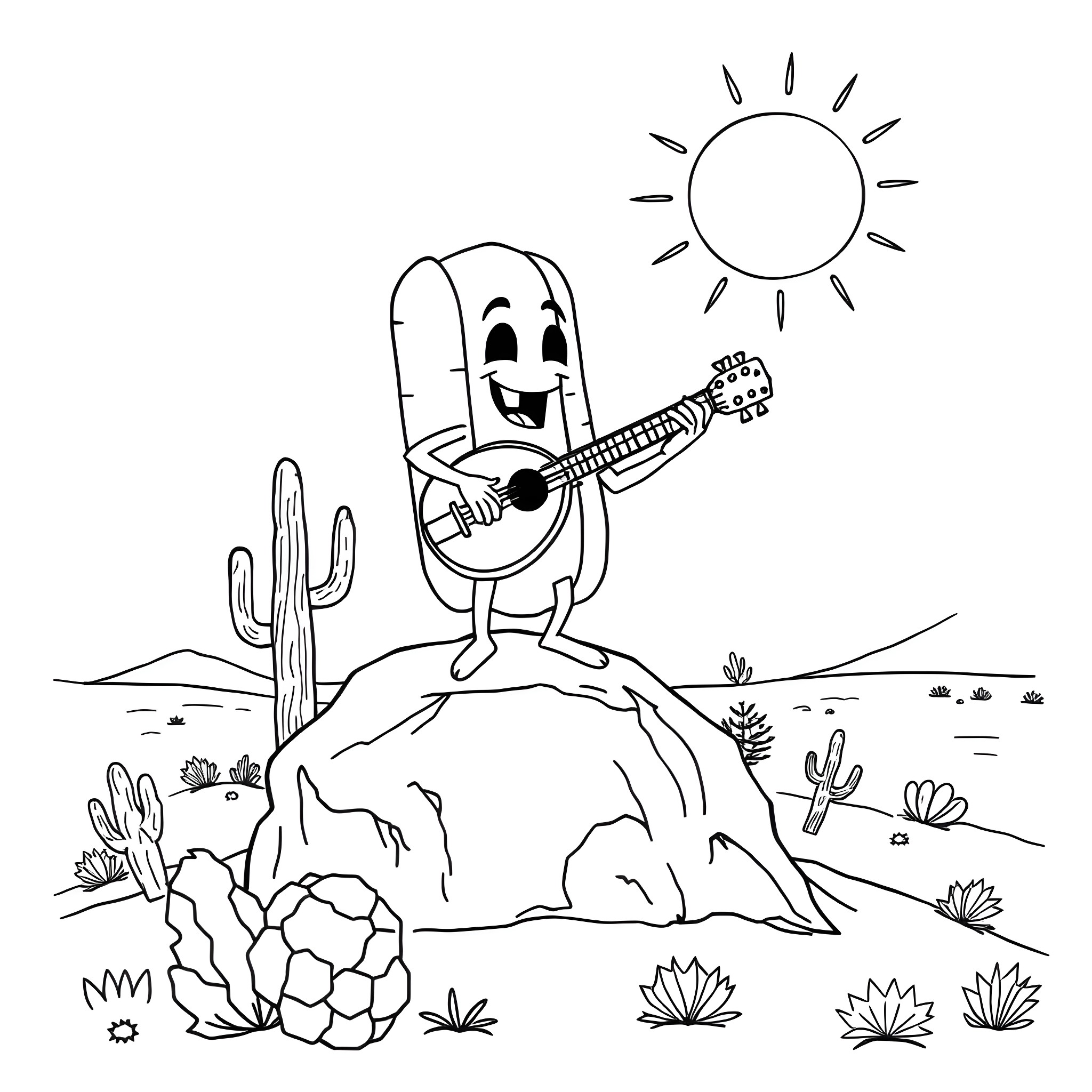 Hotdog playing guitar in the desert Coloring Page (free black-and-white line drawing printable PDF for all, from beginners to advanced learners, including children, teens, adults, and seniors)