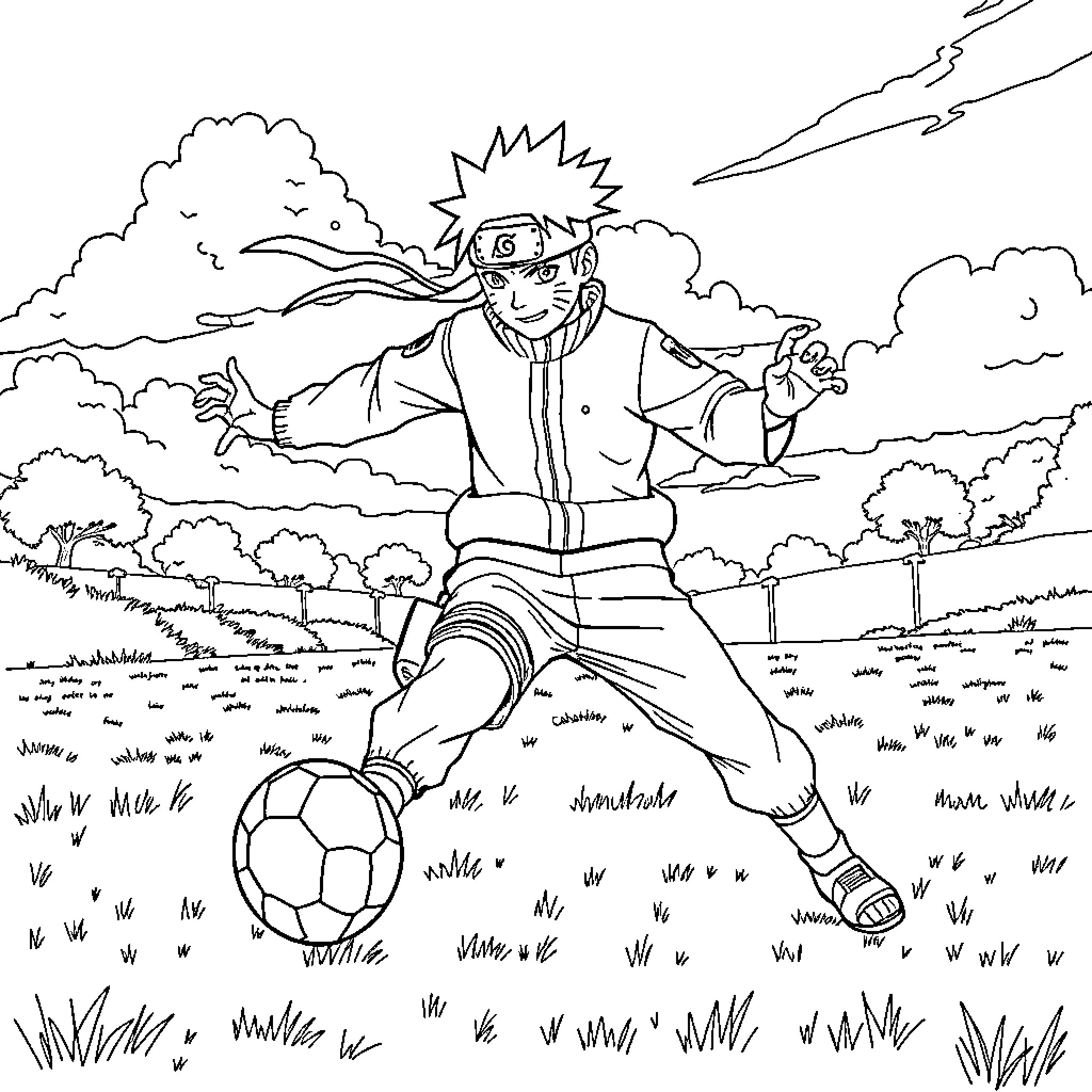 Naruto excited to play soccer in the countryside Coloring Page (free black-and-white line drawing printable PDF for all, from beginners to advanced learners, including children, teens, adults, and seniors)