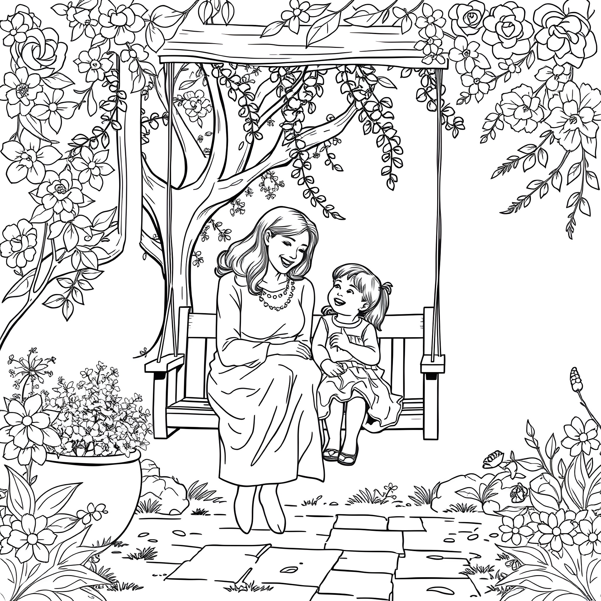Mom and child sitting peacefully on a swing in nature Coloring Page (free black-and-white line drawing printable PDF for all, from beginners to advanced learners, including children, teens, adults, and seniors)