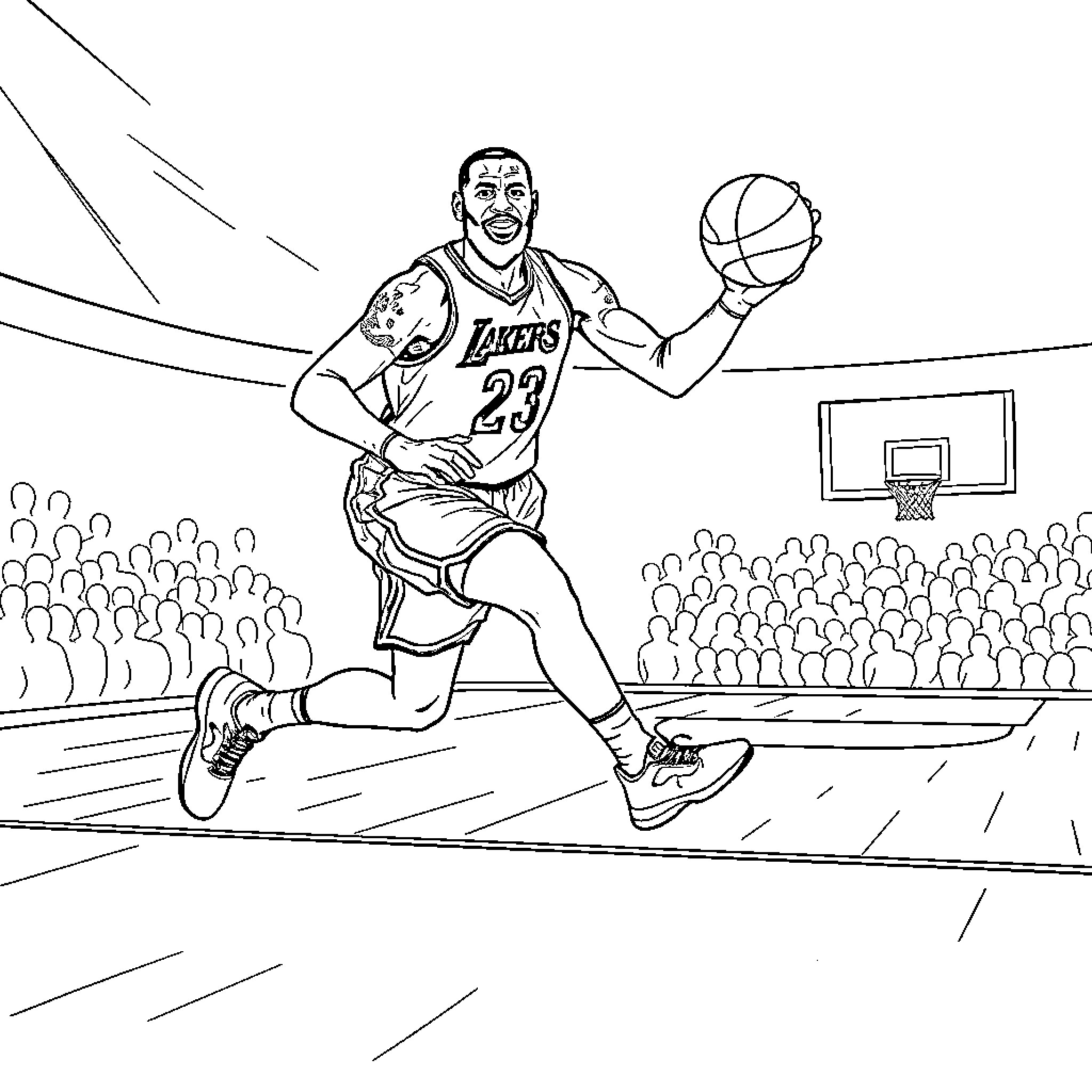 LeBron James Plays Basketball in Arena Coloring Page (free black-and-white line drawing printable PDF for all, from beginners to advanced learners, including children, teens, adults, and seniors)