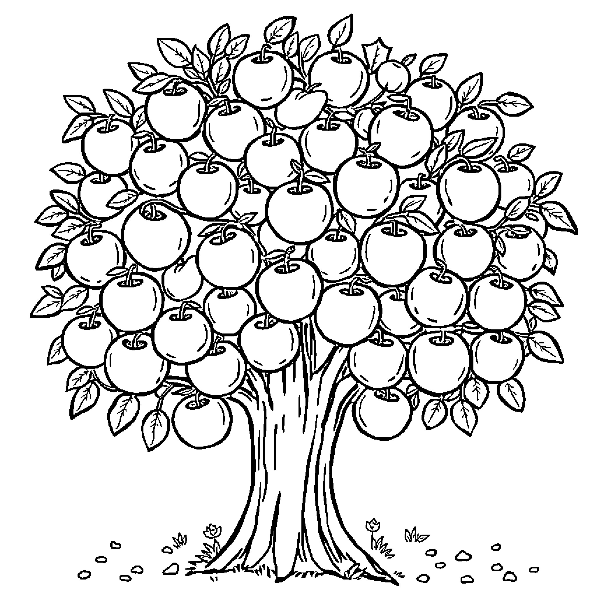 Tree laden with ripe apples Coloring Page (free black-and-white line drawing printable PDF for all, from beginners to advanced learners, including children, teens, adults, and seniors)