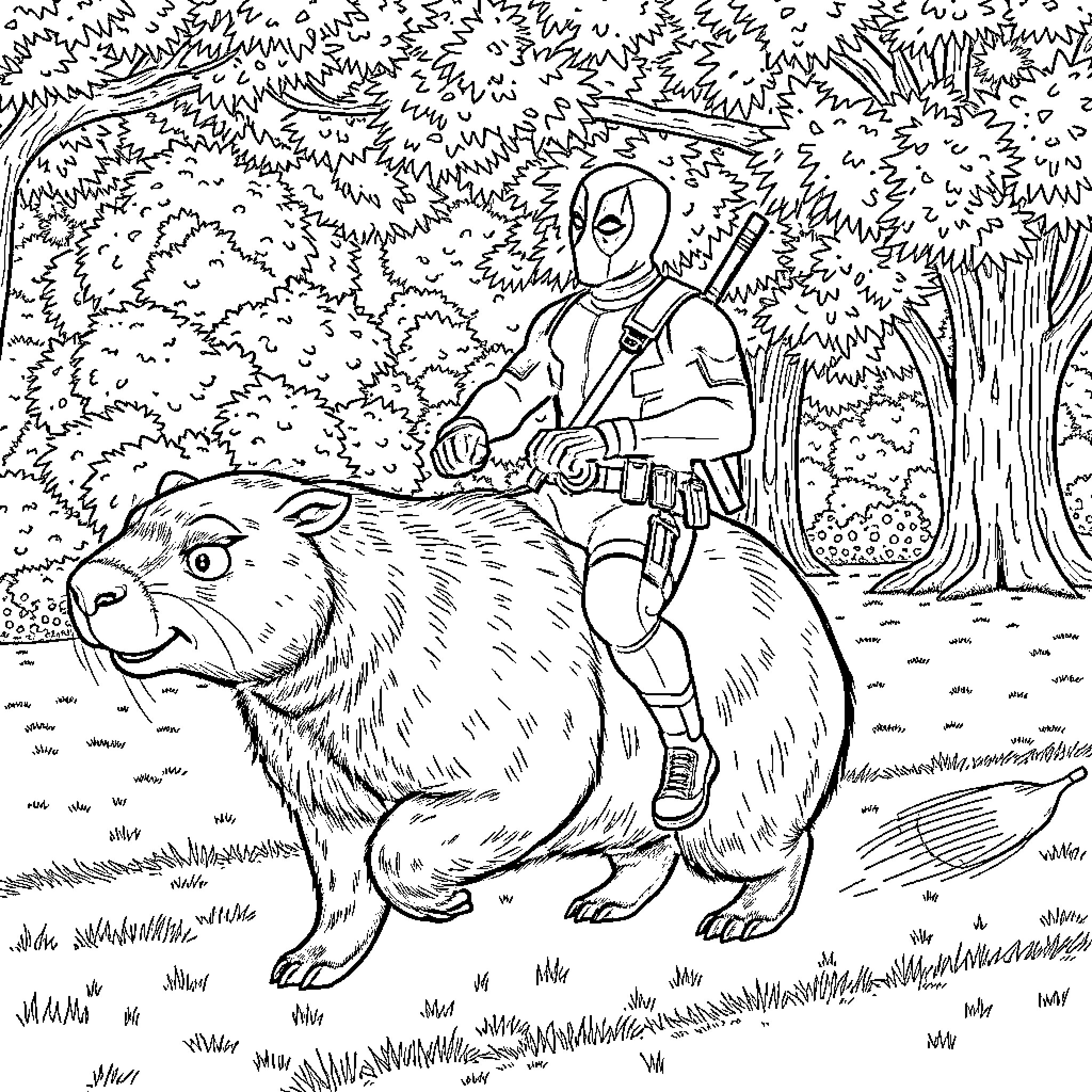 Deadpool riding a giant bear through the forest Coloring Page (free black-and-white line drawing printable PDF for all, from beginners to advanced learners, including children, teens, adults, and seniors)