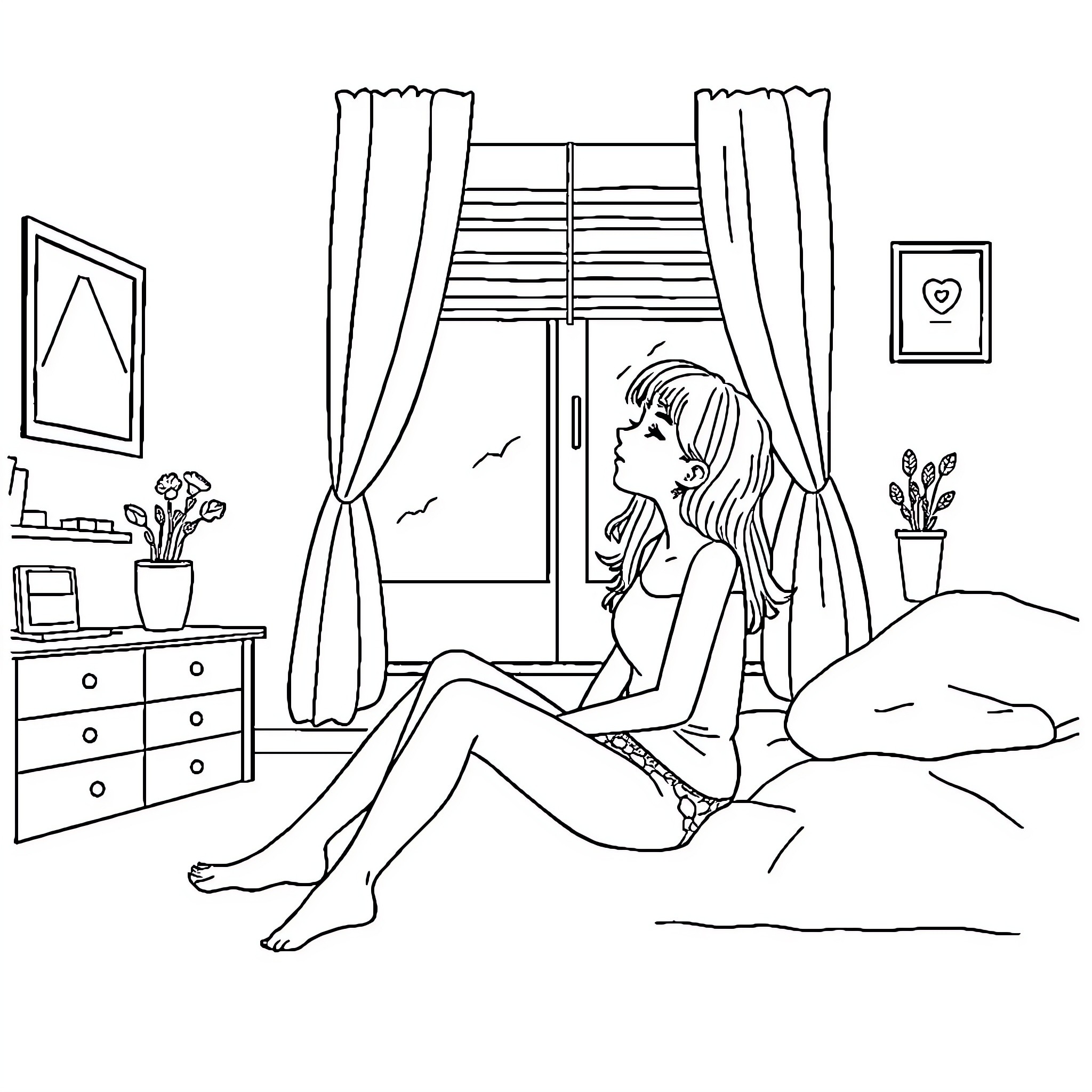 Girl relaxing in her bedroom Coloring Page (free black-and-white line drawing printable PDF for all, from beginners to advanced learners, including children, teens, adults, and seniors)
