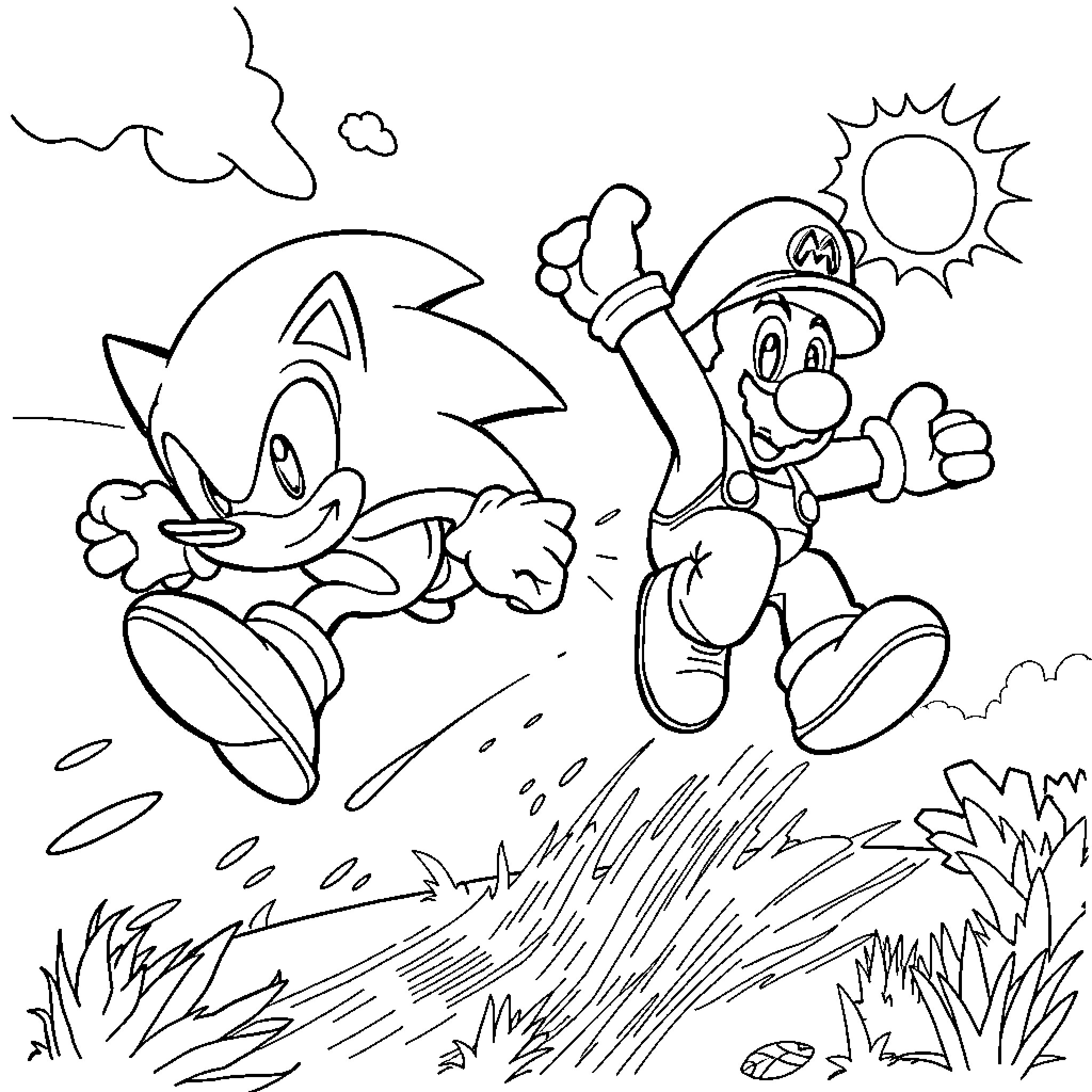 Sonic and Mario racing through a sunny landscape Coloring Page (free black-and-white line drawing printable PDF for all, from beginners to advanced learners, including children, teens, adults, and seniors)