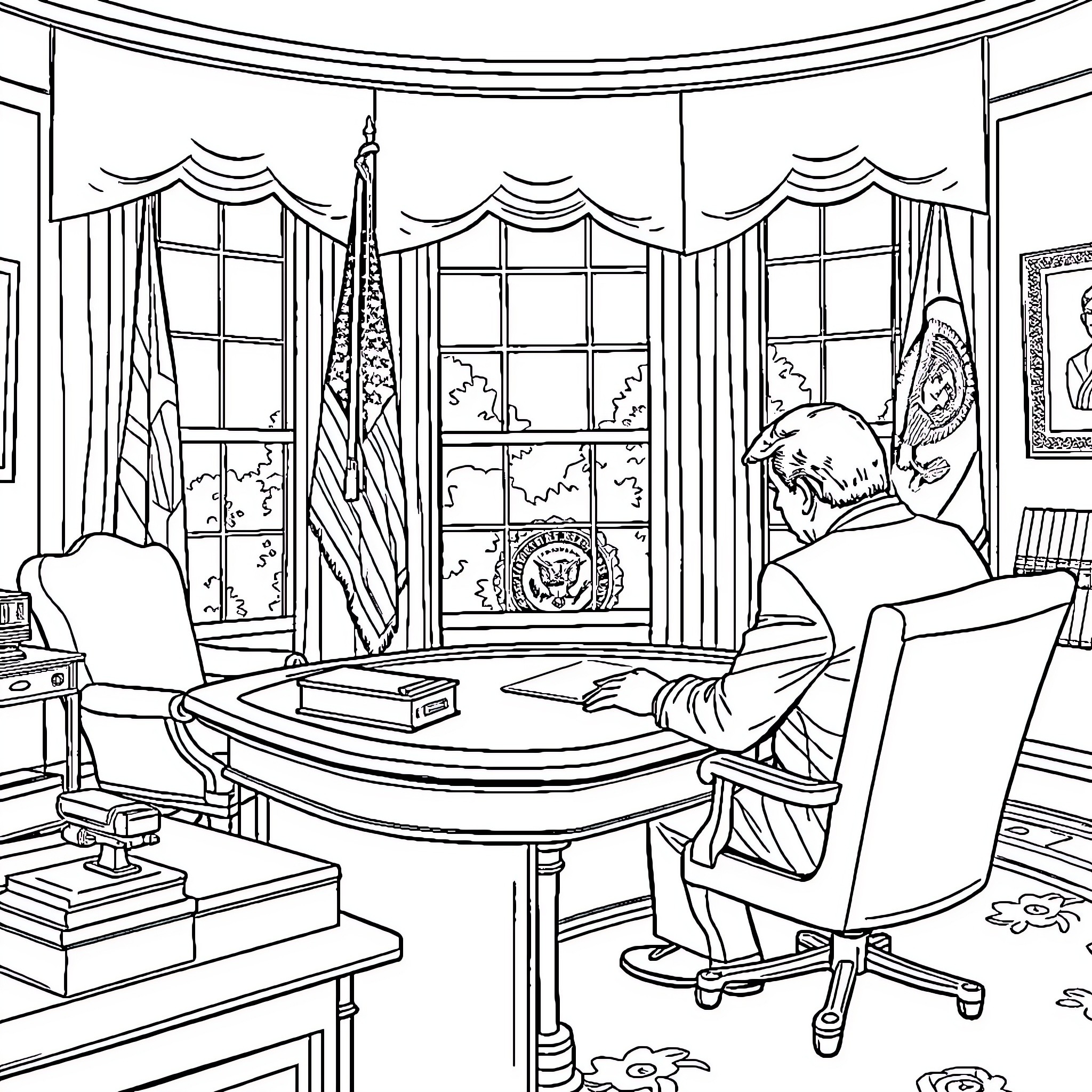 President working diligently in Oval Office Coloring Page (free black-and-white line drawing printable PDF for all, from beginners to advanced learners, including children, teens, adults, and seniors)