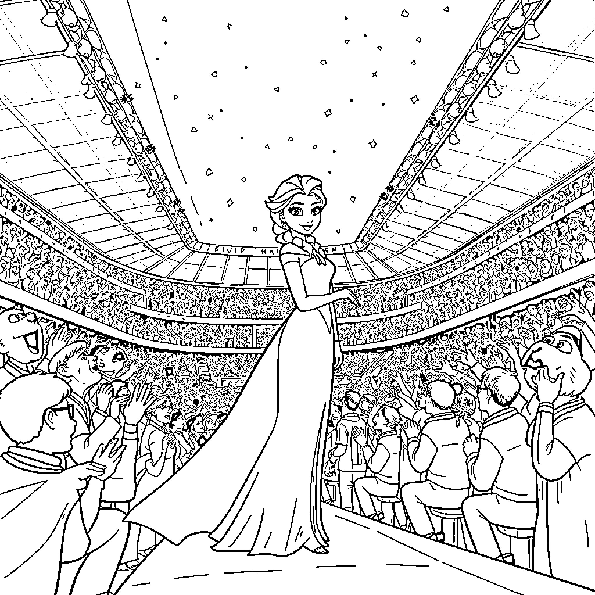 Elza's Enchanting Performance on the Grand Stage Coloring Page (free black-and-white line drawing printable PDF for all, from beginners to advanced learners, including children, teens, adults, and seniors)