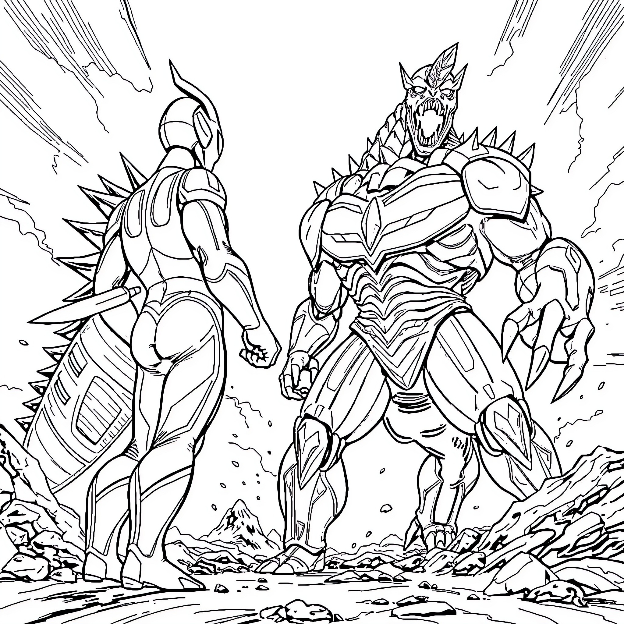 Ultraman heroes in fierce battle against monstrous foe Coloring Page (free black-and-white line drawing printable PDF for all, from beginners to advanced learners, including children, teens, adults, and seniors)