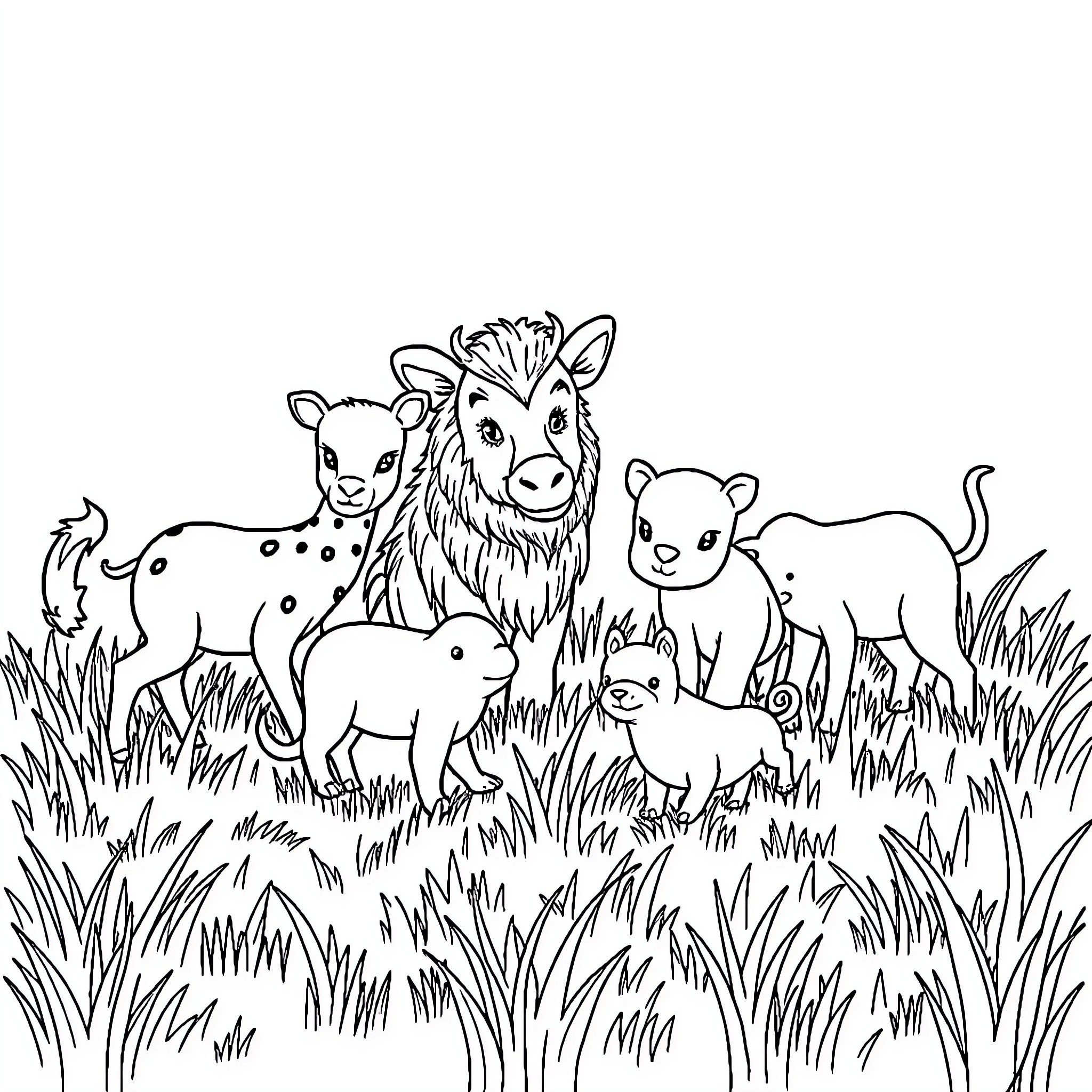 Animal herd in the grassy field Coloring Page (free black-and-white line drawing printable PDF for all, from beginners to advanced learners, including children, teens, adults, and seniors)