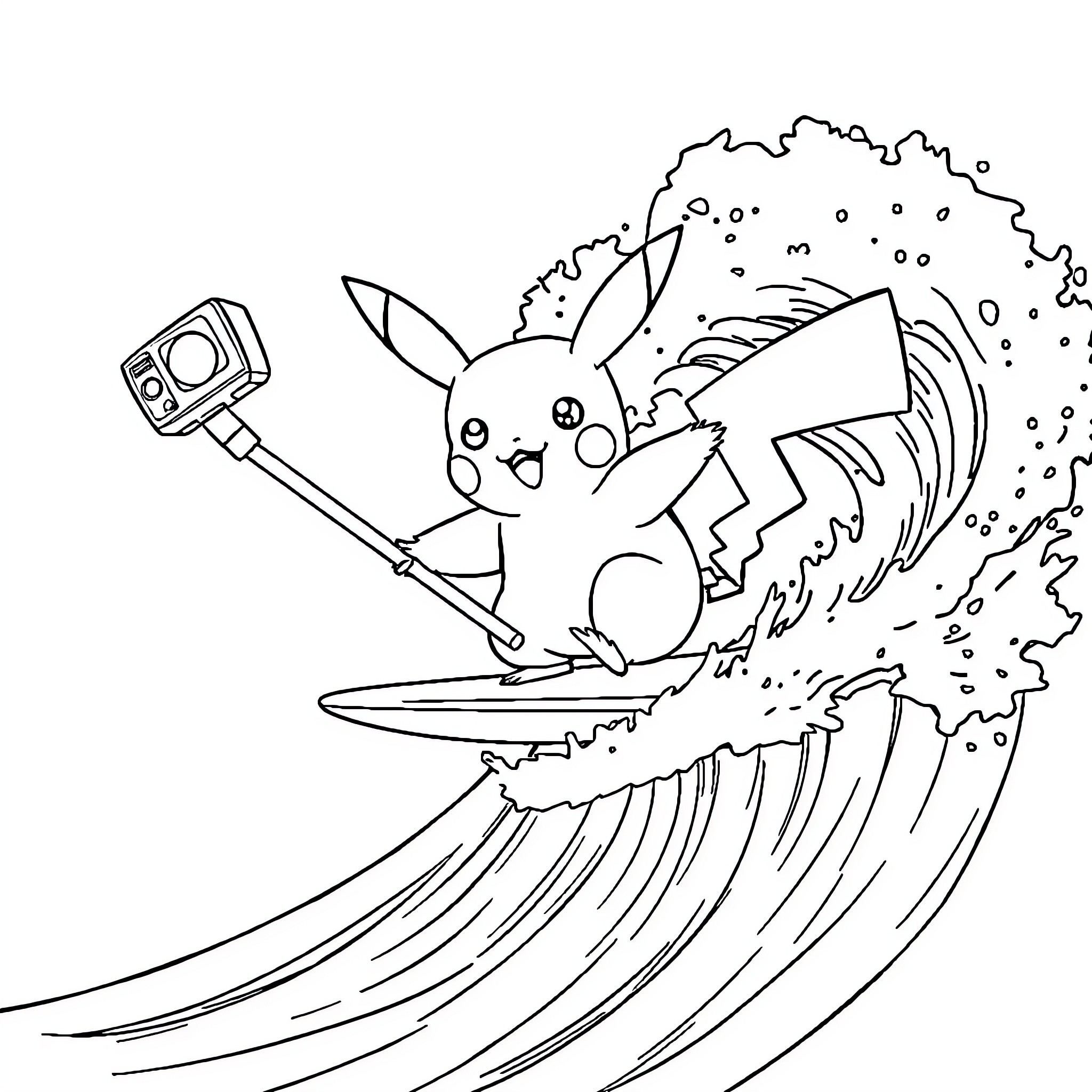 Pikachu surfing on a stylized wave Coloring Page (free black-and-white line drawing printable PDF for all, from beginners to advanced learners, including children, teens, adults, and seniors)