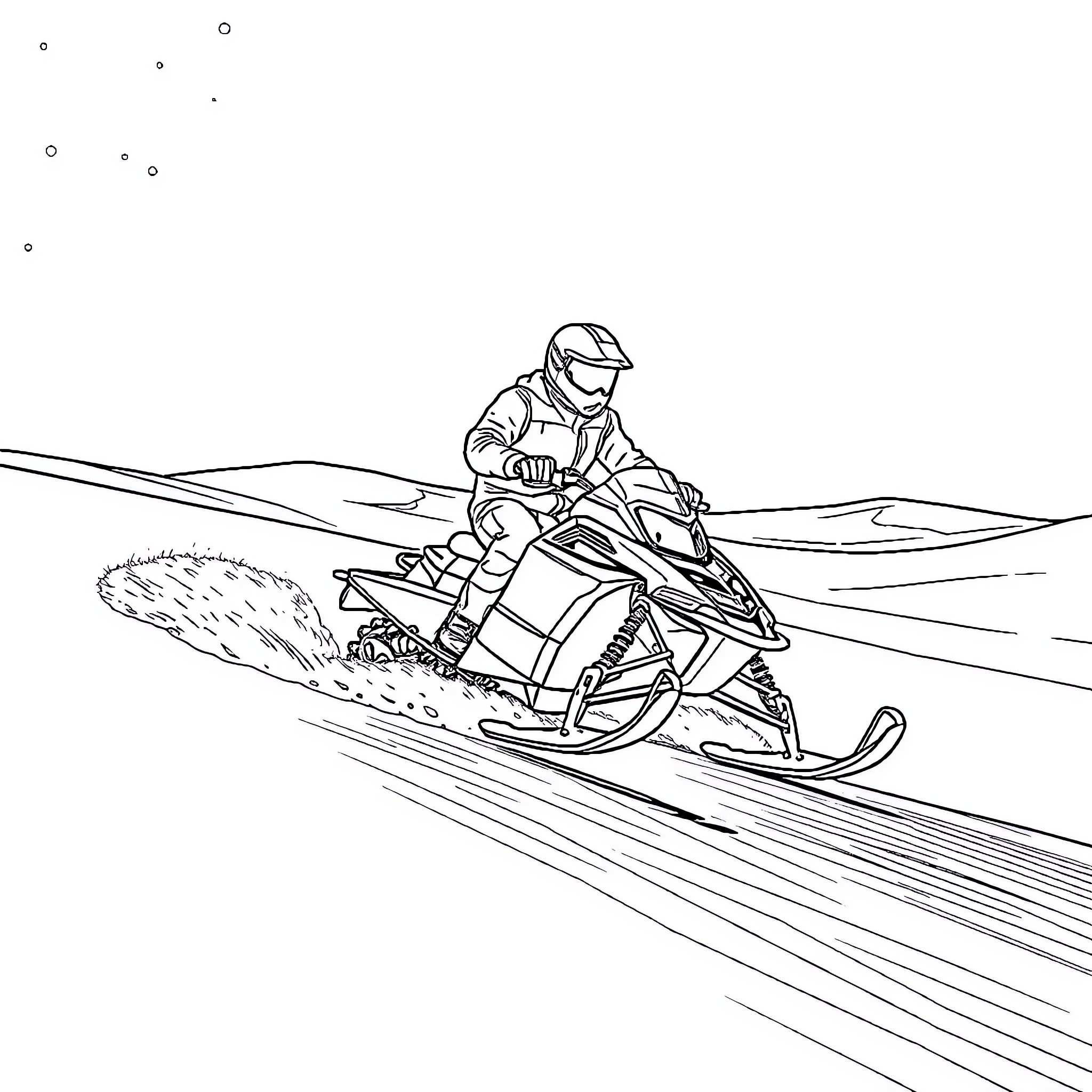Haaland riding a snowmobile in snowy landscape Coloring Page (free black-and-white line drawing printable PDF for all, from beginners to advanced learners, including children, teens, adults, and seniors)