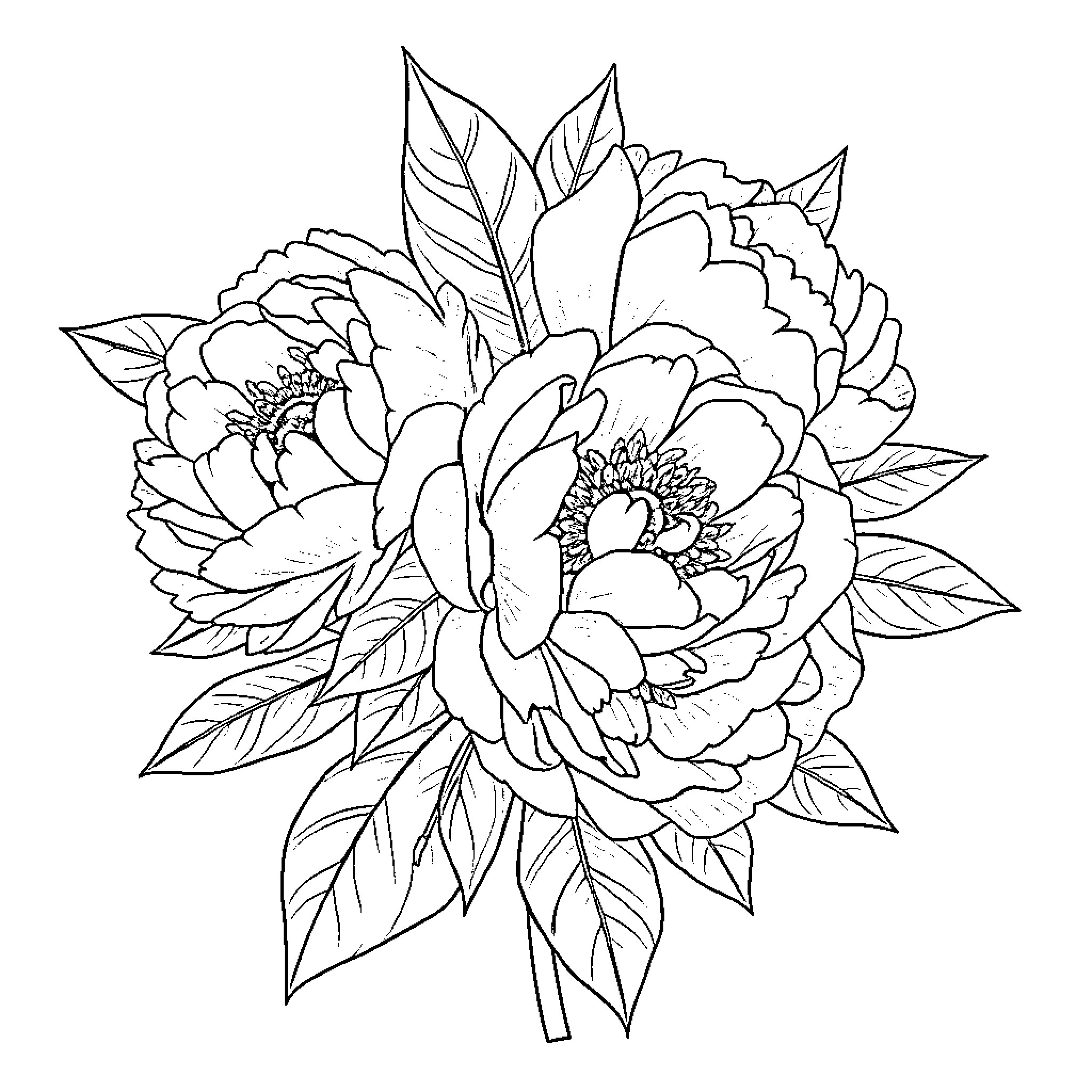 Peony blooming beautifully with lush foliage Coloring Page (free black-and-white line drawing printable PDF for all, from beginners to advanced learners, including children, teens, adults, and seniors)