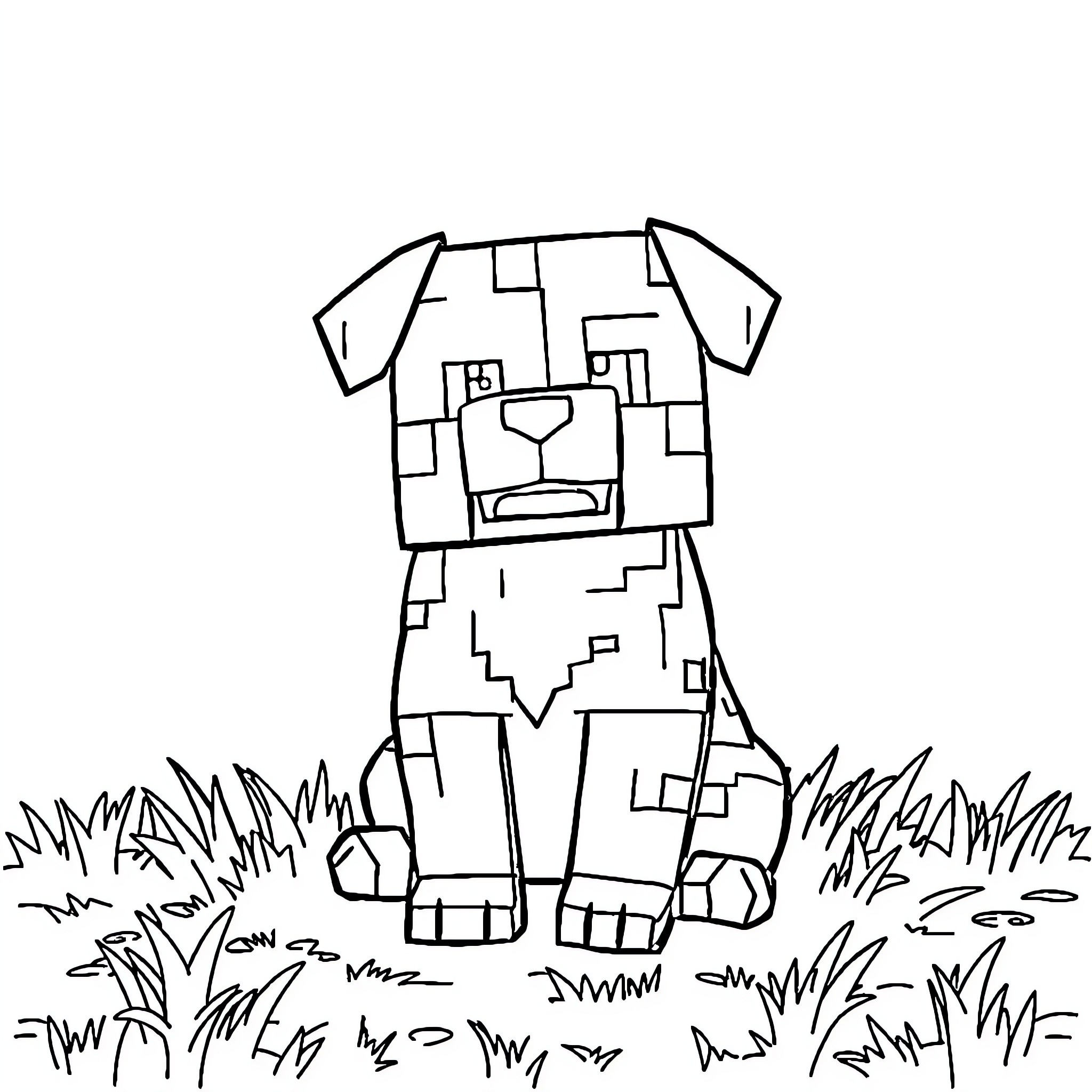 Minecraft Dog exploring grassy field Coloring Page (free black-and-white line drawing printable PDF for all, from beginners to advanced learners, including children, teens, adults, and seniors)