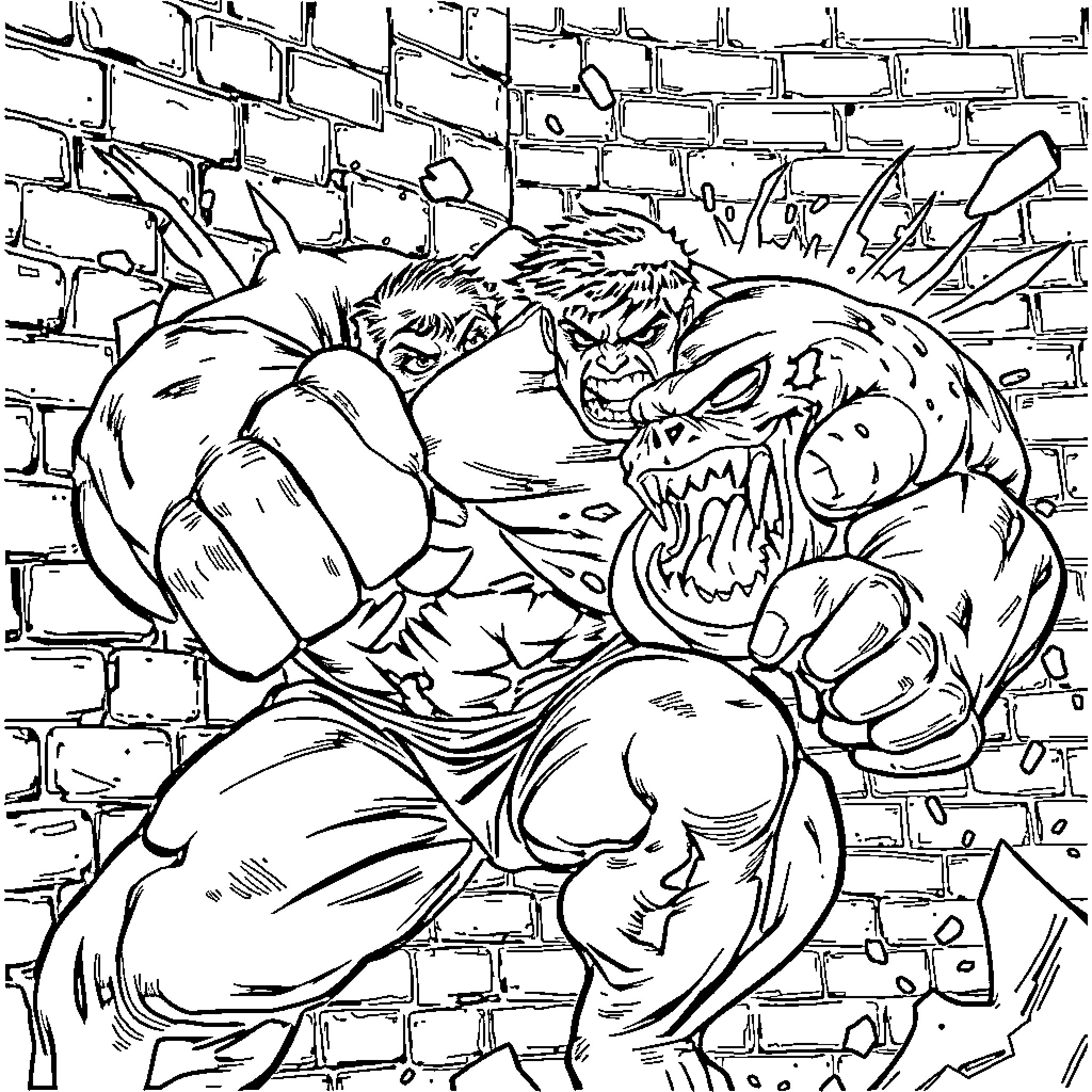 Hulk battling a monstrous foe in an intense scene Coloring Page (free black-and-white line drawing printable PDF for all, from beginners to advanced learners, including children, teens, adults, and seniors)