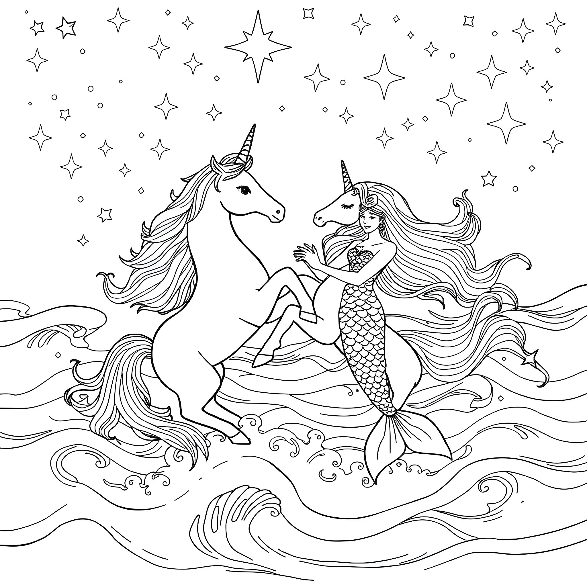 Unicorn and mermaid playing in the magical sea Coloring Page (free black-and-white line drawing printable PDF for all, from beginners to advanced learners, including children, teens, adults, and seniors)