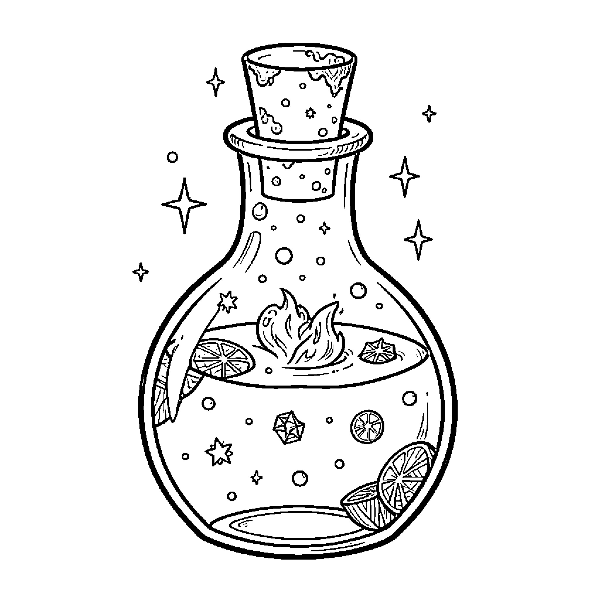 Alchemy Potion with Magical Ingredients Coloring Page (free black-and-white line drawing printable PDF for all, from beginners to advanced learners, including children, teens, adults, and seniors)