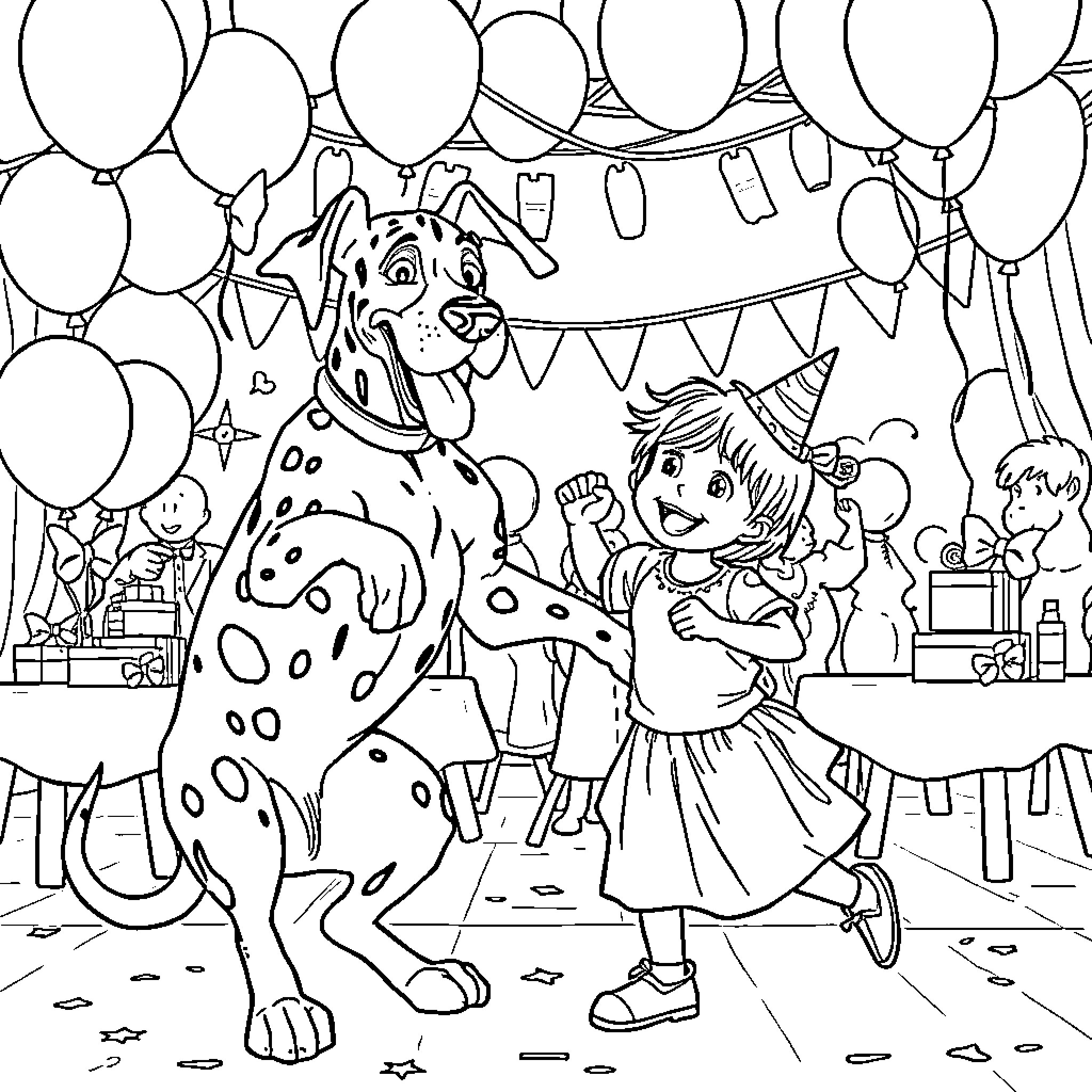 Great Dane celebrates a lively party with a young girl Coloring Page (free black-and-white line drawing printable PDF for all, from beginners to advanced learners, including children, teens, adults, and seniors)