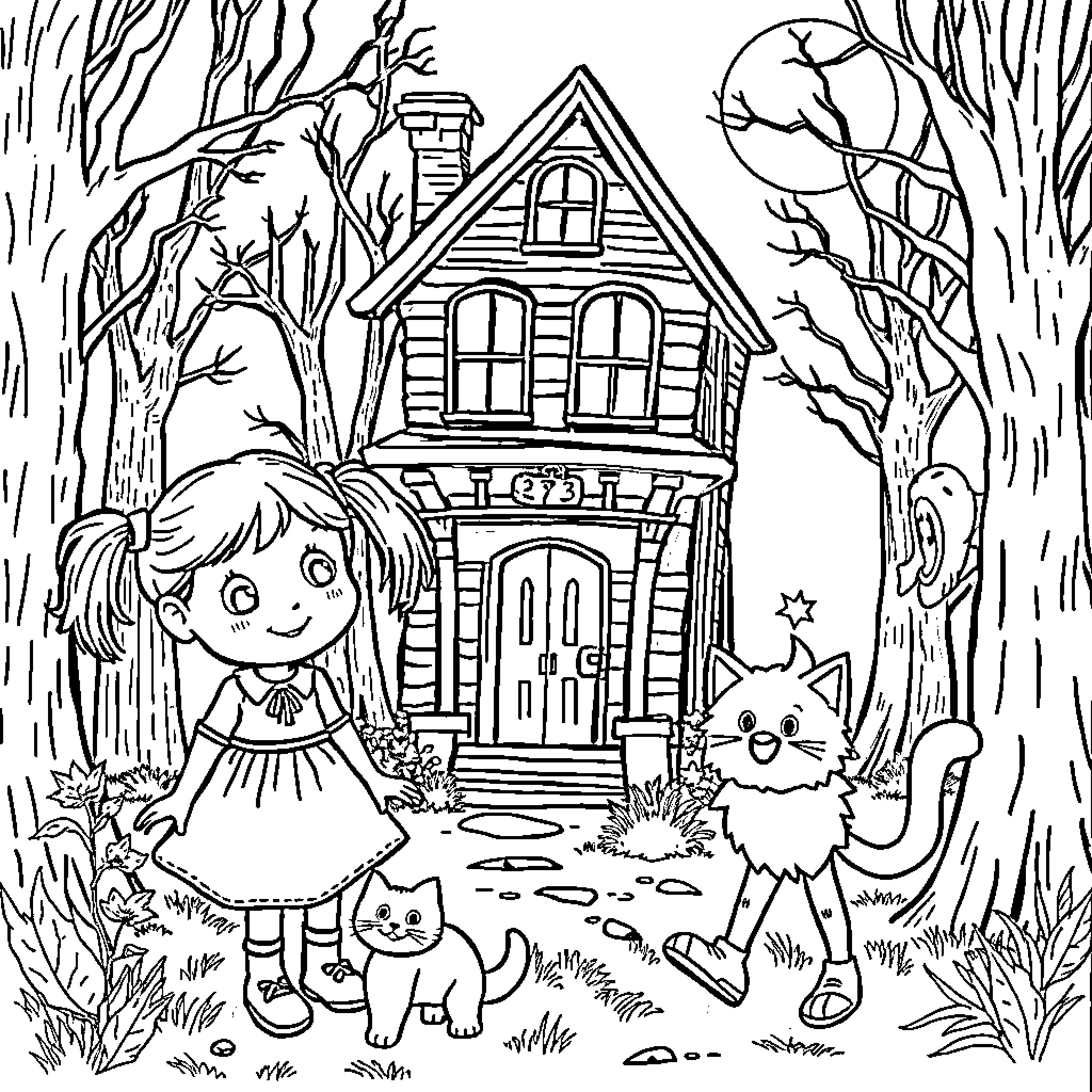 Girl in woods with cat and creepy house Coloring Page (free black-and-white line drawing printable PDF for all, from beginners to advanced learners, including children, teens, adults, and seniors)