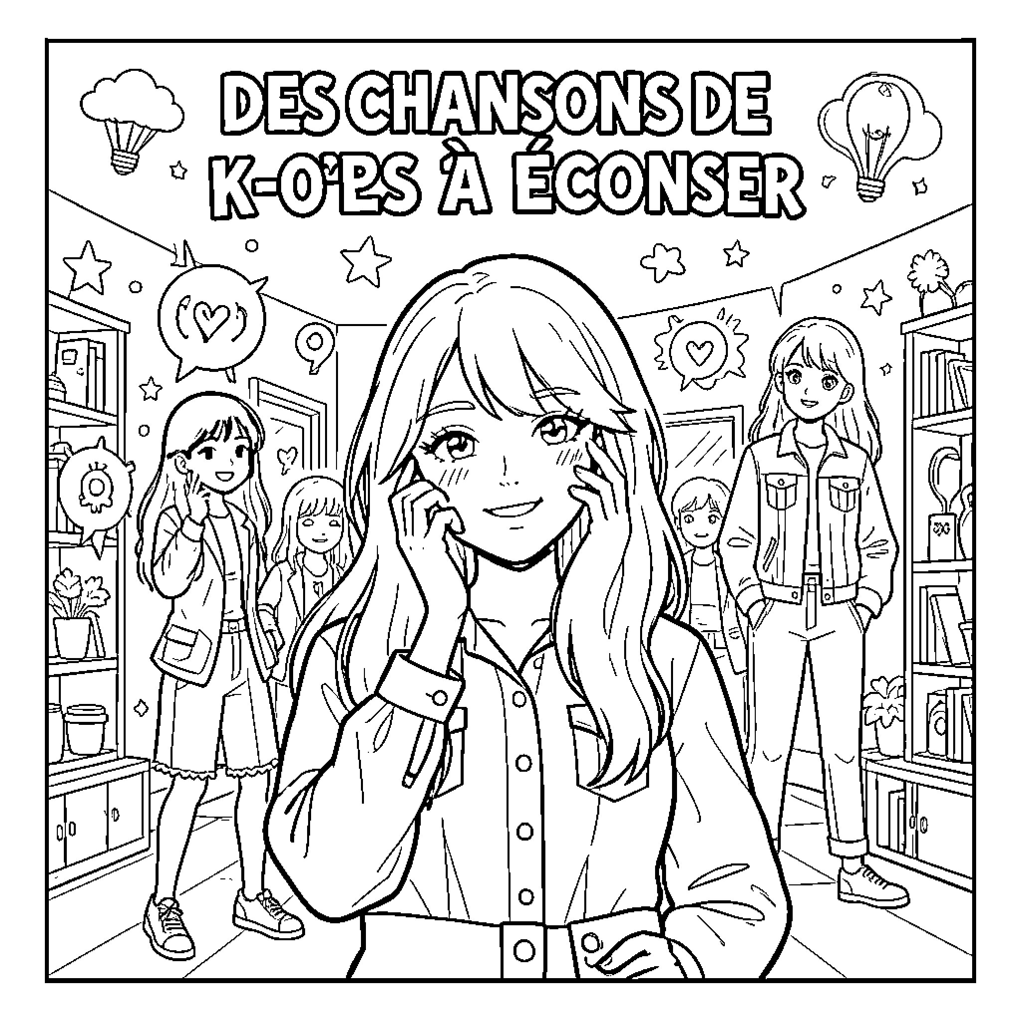 K Pop Girl Group Celebrating and Performing Coloring Page (free black-and-white line drawing printable PDF for all, from beginners to advanced learners, including children, teens, adults, and seniors)
