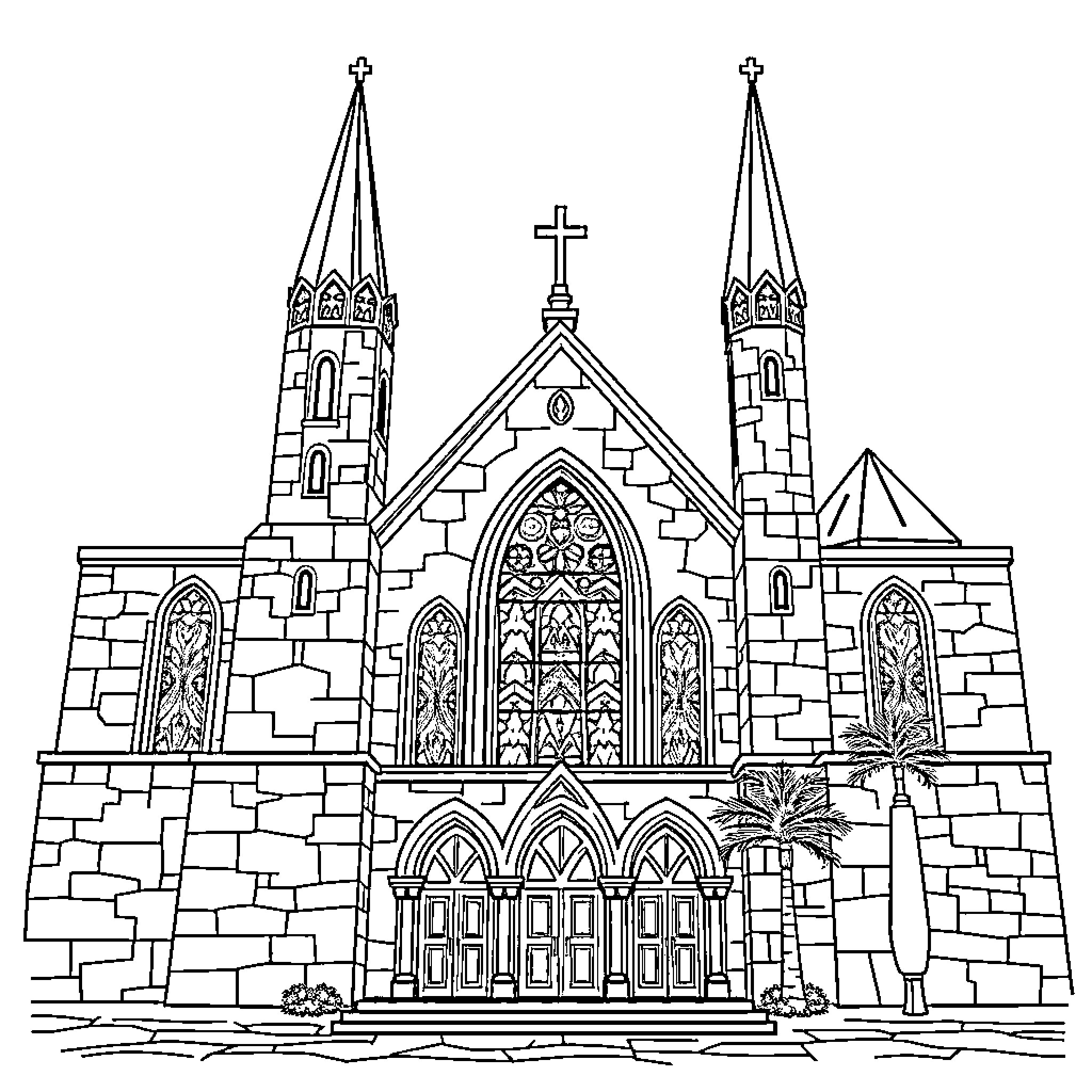 Coptic Church with ornate architecture and spires Coloring Page (free black-and-white line drawing printable PDF for all, from beginners to advanced learners, including children, teens, adults, and seniors)