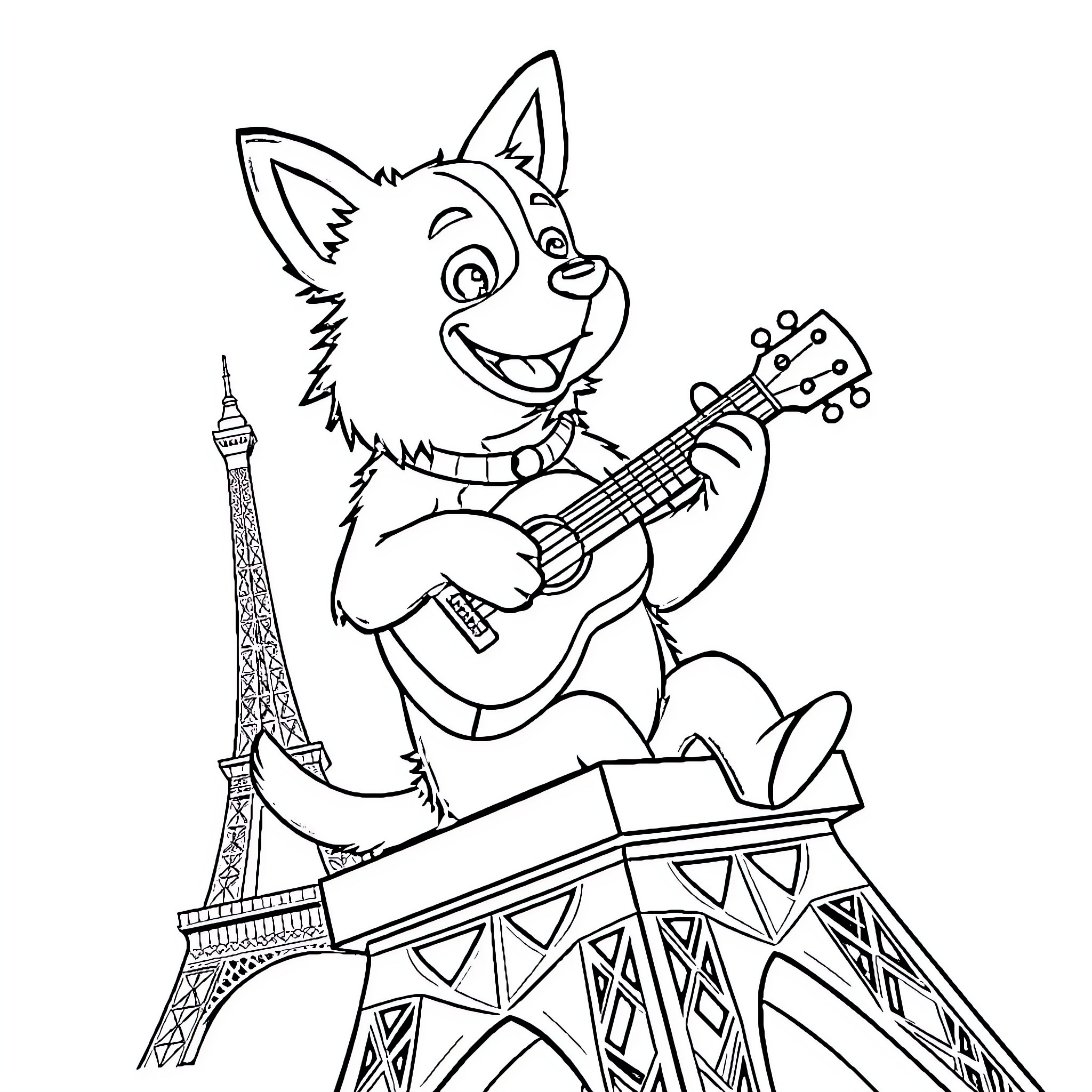 Dog playing guitar near Eiffel Tower Coloring Page (free black-and-white line drawing printable PDF for all, from beginners to advanced learners, including children, teens, adults, and seniors)