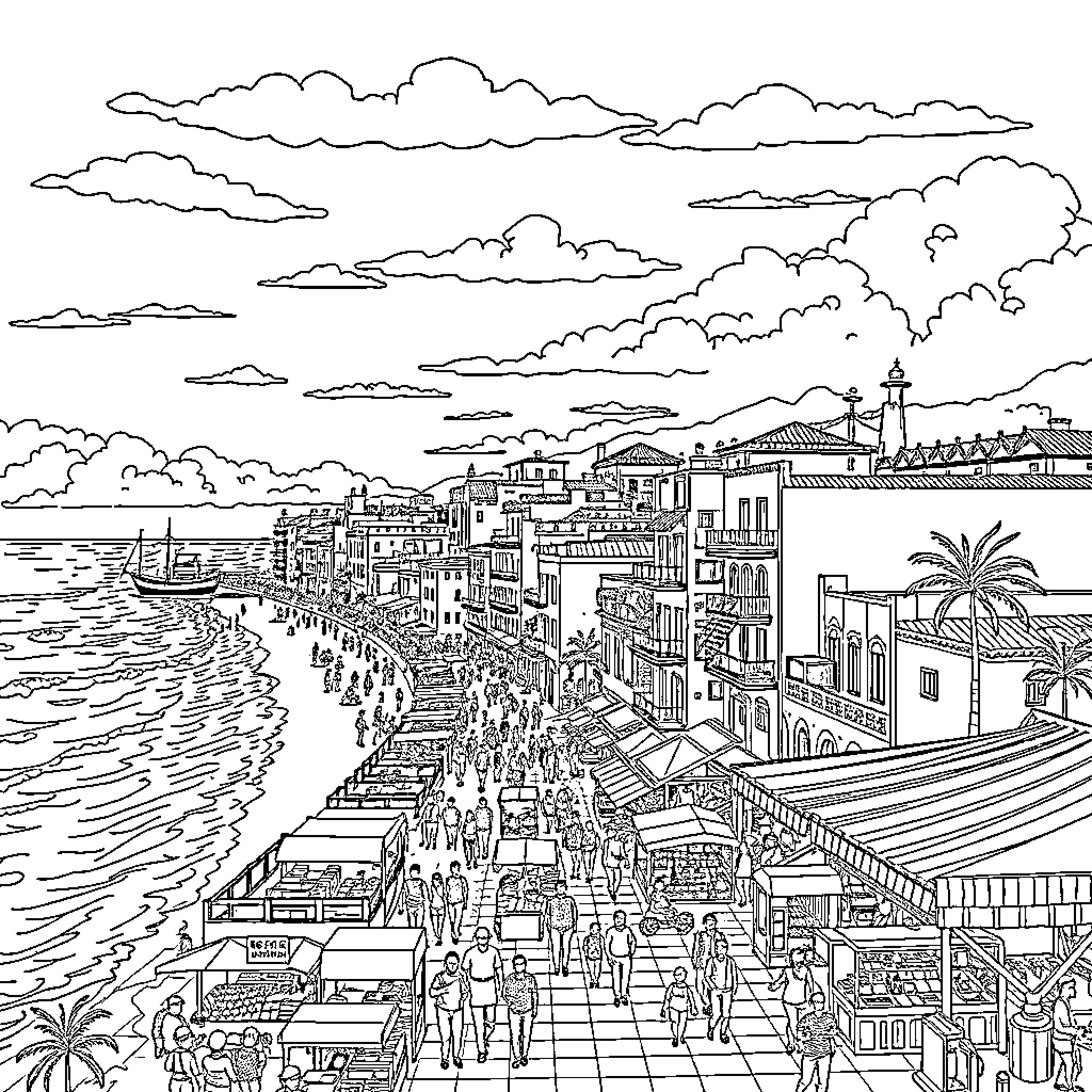 Veracruz harbor scene with bustling crowds and buildings Coloring Page (free black-and-white line drawing printable PDF for all, from beginners to advanced learners, including children, teens, adults, and seniors)