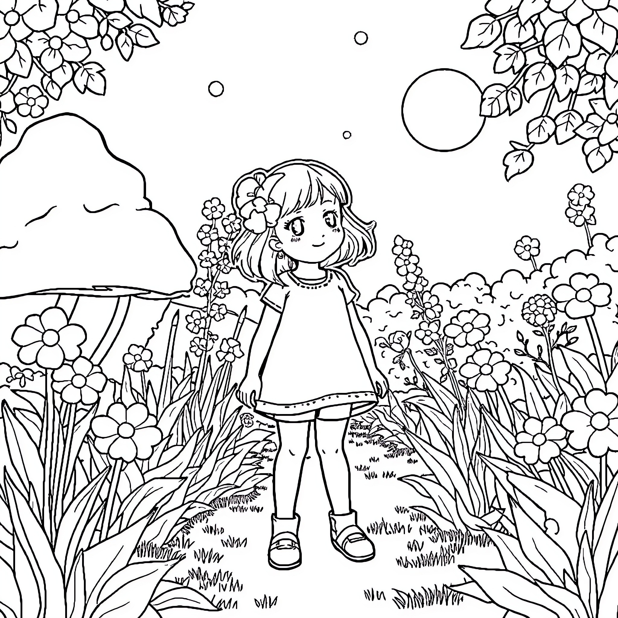Girl exploring a whimsical floral garden Coloring Page (free black-and-white line drawing printable PDF for all, from beginners to advanced learners, including children, teens, adults, and seniors)