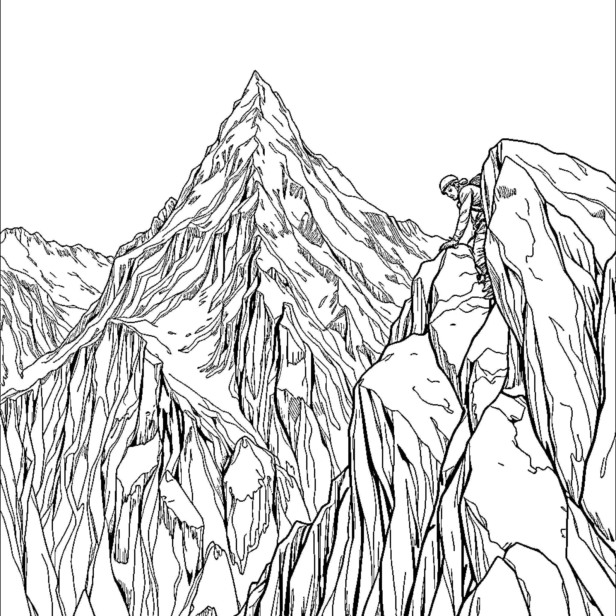 Climber scaling rugged mountain peaks Coloring Page (free black-and-white line drawing printable PDF for all, from beginners to advanced learners, including children, teens, adults, and seniors)